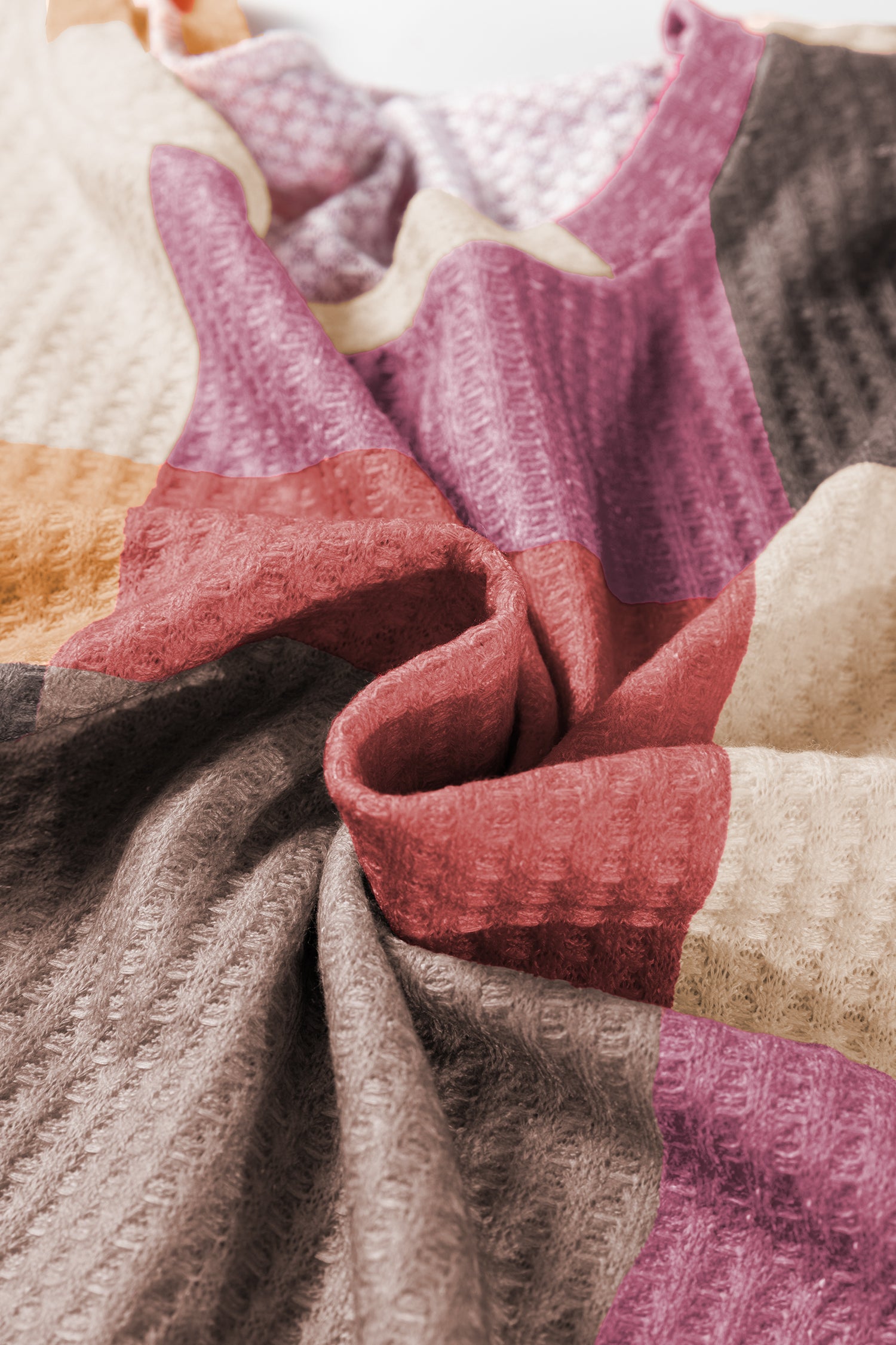 Rose Red Checkered Print Textured Knit Long Sleeve Loose Top-Tops/Long Sleeve Tops-[Adult]-[Female]-2022 Online Blue Zone Planet