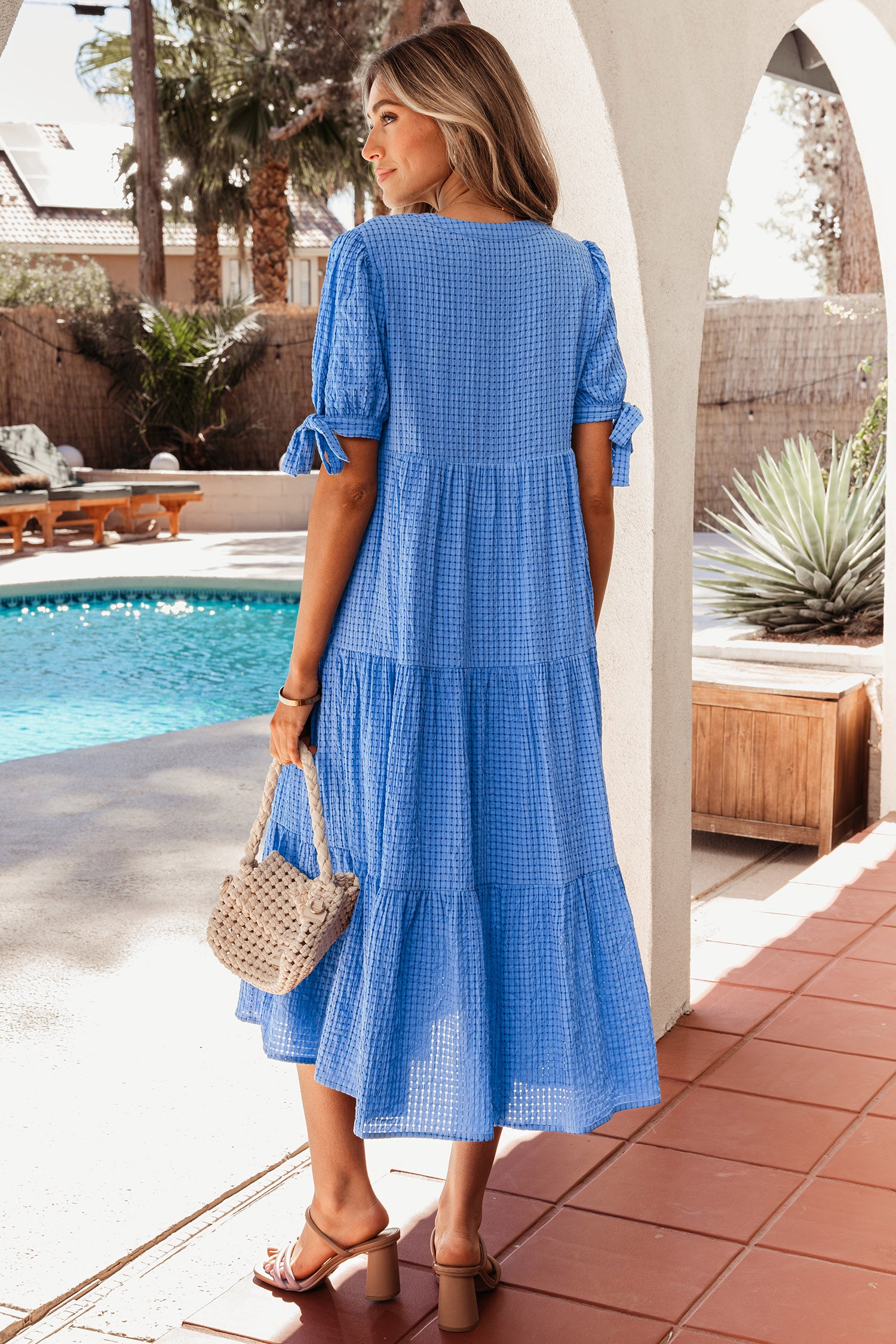 Dusk Blue Gingham Textured Bow Tie Short Sleeve Tiered Midi Dress-TOPS / DRESSES-[Adult]-[Female]-2022 Online Blue Zone Planet