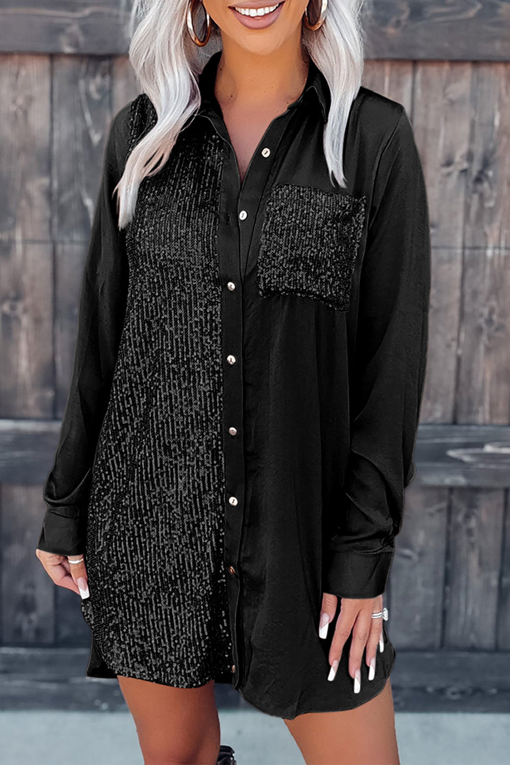 Blue Zone Planet | Black Sequin Splicing Pocket Buttoned Shirt Dress-TOPS / DRESSES-[Adult]-[Female]-2022 Online Blue Zone Planet