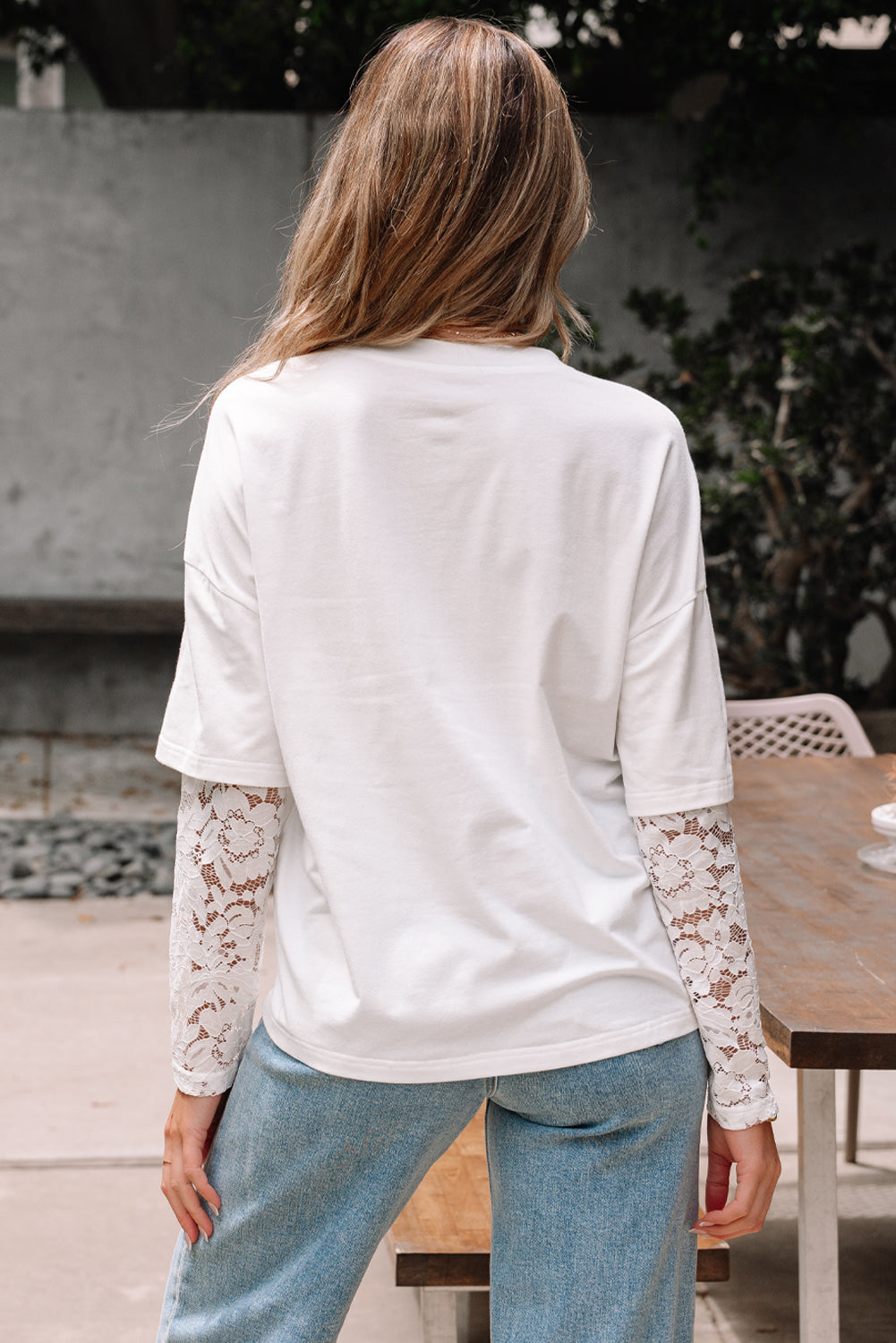 White Lace Long Sleeve Insert Drop Shoulder Tee-Tops/Tops & Tees-[Adult]-[Female]-2022 Online Blue Zone Planet