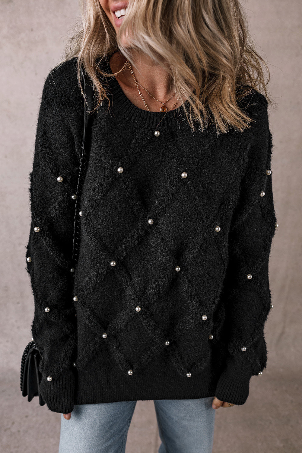 Black Pearl Embellished Rhombus Pattern Sweater-Sweaters & Cardigans/Sweaters-[Adult]-[Female]-Black-S-2022 Online Blue Zone Planet