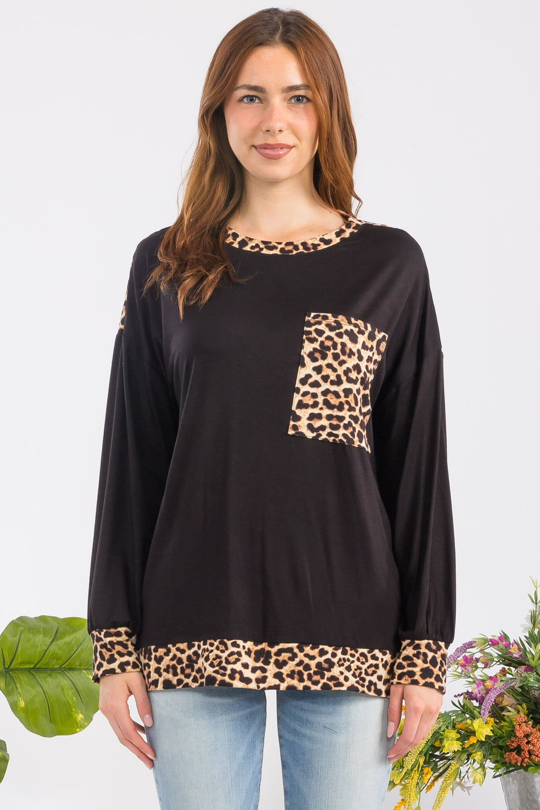 Blue Zone Planet | Celeste Full Size Leopard Round Neck Dropped Shoulder T-Shirt-TOPS / DRESSES-[Adult]-[Female]-2022 Online Blue Zone Planet