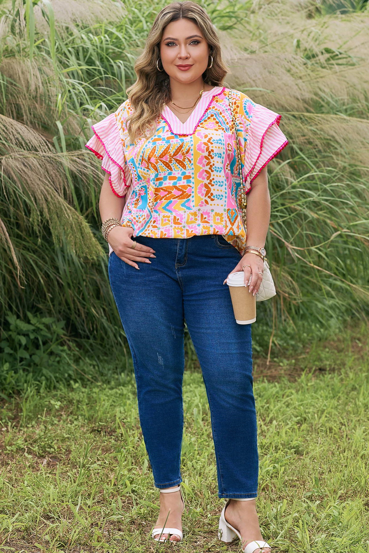 Rose Plus Size Geometric Print Contrast Trim Striped V Neck Blouse-Plus Size/Plus Size Tops/Plus Size Blouses & Shirts-[Adult]-[Female]-2022 Online Blue Zone Planet