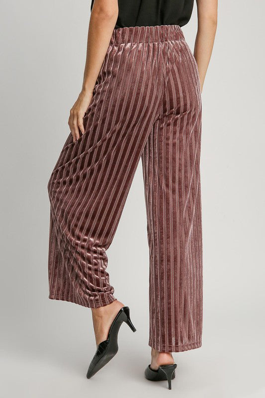 Blue Zone Planet | Umgee Full Size Elastic Waist Striped Wide Leg Velvet Pants-BOTTOMS SIZES SMALL MEDIUM LARGE-[Adult]-[Female]-2022 Online Blue Zone Planet