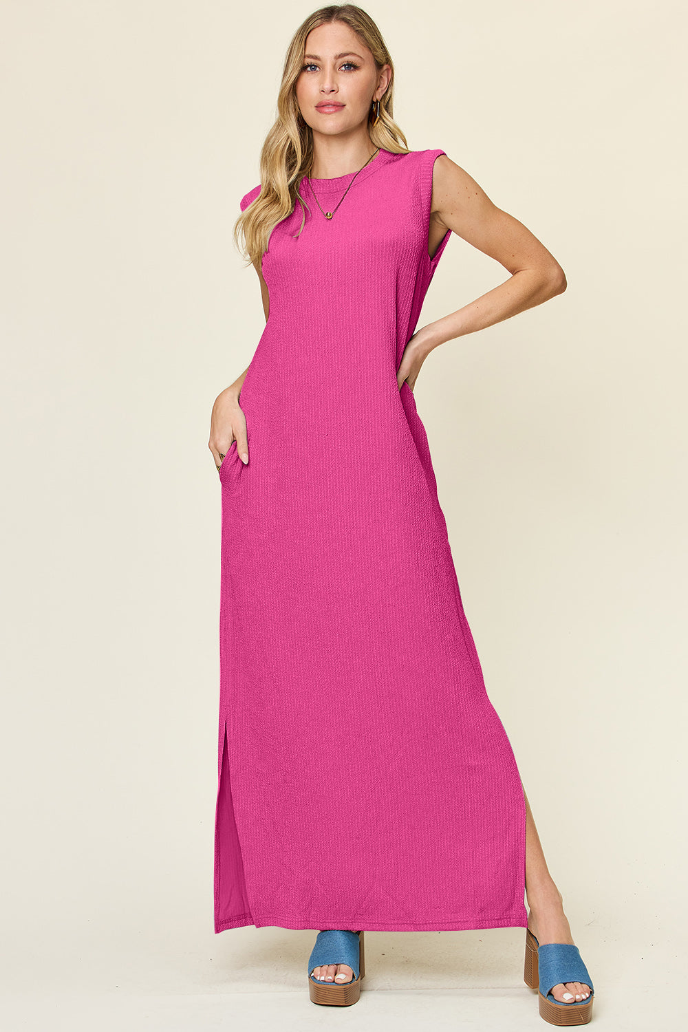 Double Take Full Size Texture Mock Neck Sleeveless Maxi Dress-TOPS / DRESSES-[Adult]-[Female]-Hot Pink-S-2022 Online Blue Zone Planet