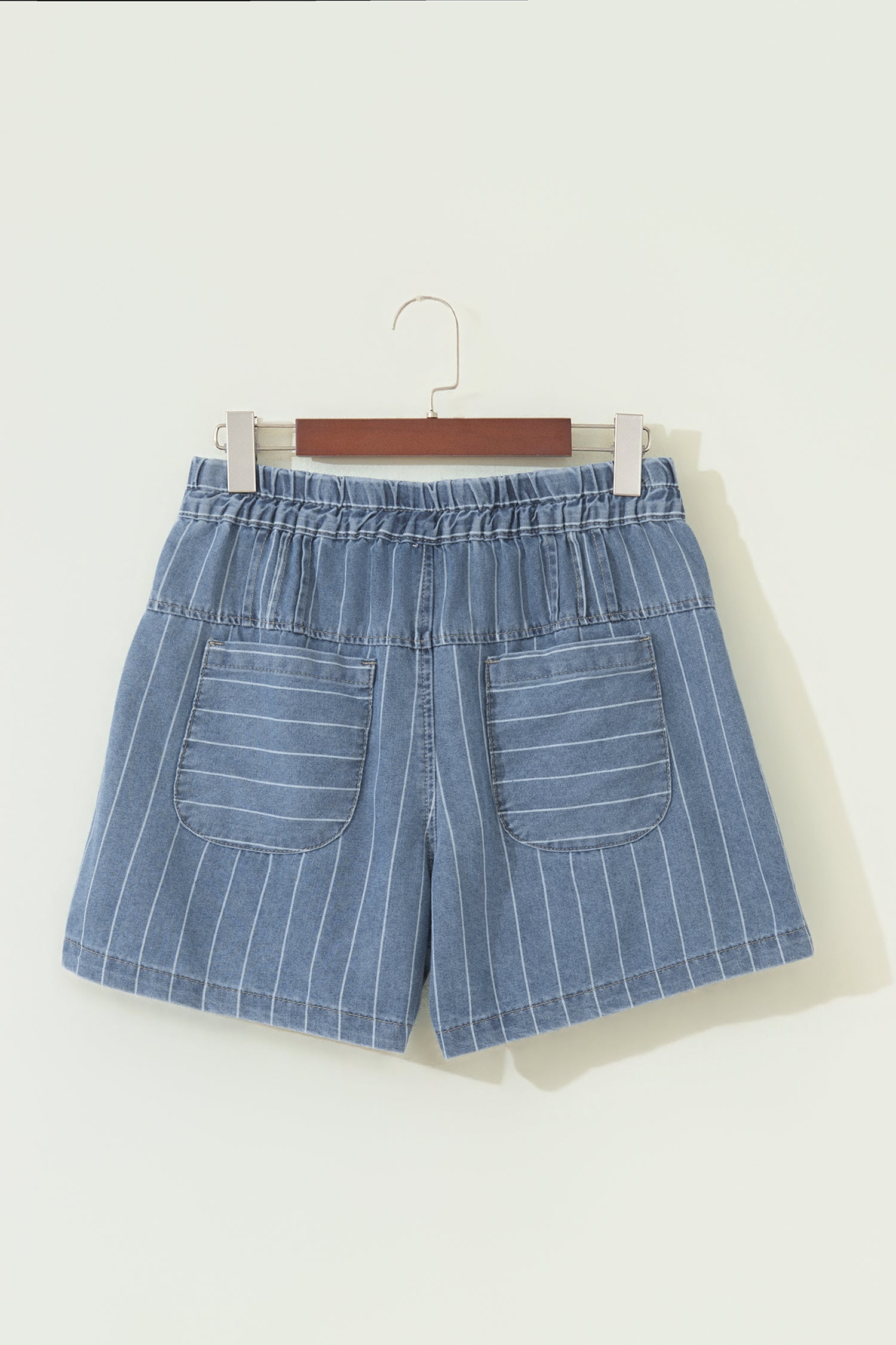 Sky Blue Stripe Drawstring Button Pleated High Waist Denim Shorts-Bottoms/Denim Shorts-[Adult]-[Female]-2022 Online Blue Zone Planet