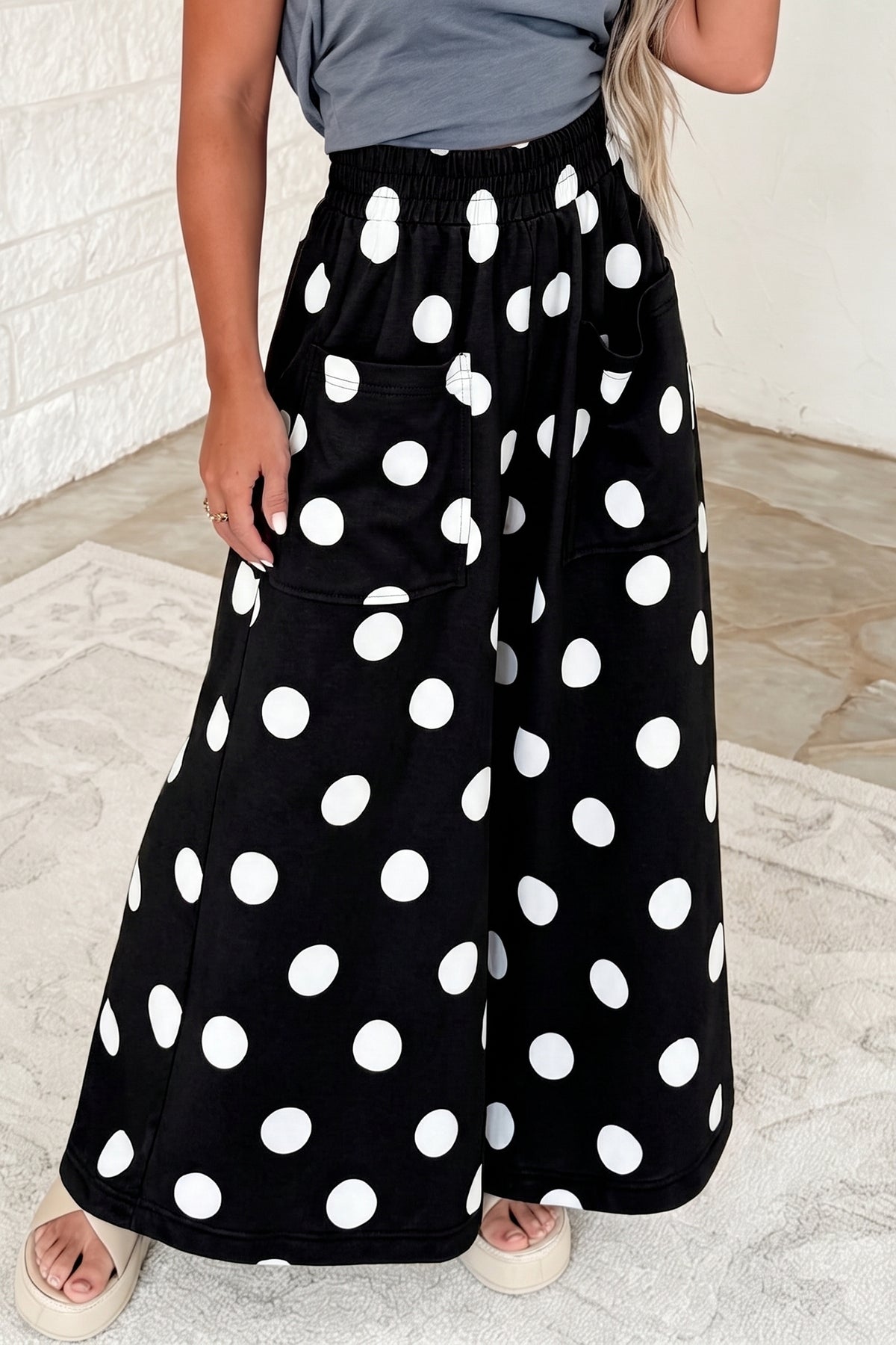 Sail Blue Polka Dot Wide Leg Elastic Waist Casual Pants-Bottoms/Pants & Culotte-[Adult]-[Female]-2022 Online Blue Zone Planet