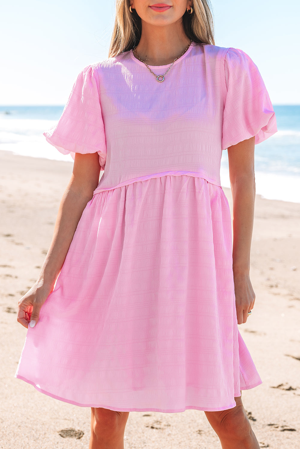 Bonbon Textured Bubble Sleeve High Waist Mini Dress-TOPS / DRESSES-[Adult]-[Female]-2022 Online Blue Zone Planet
