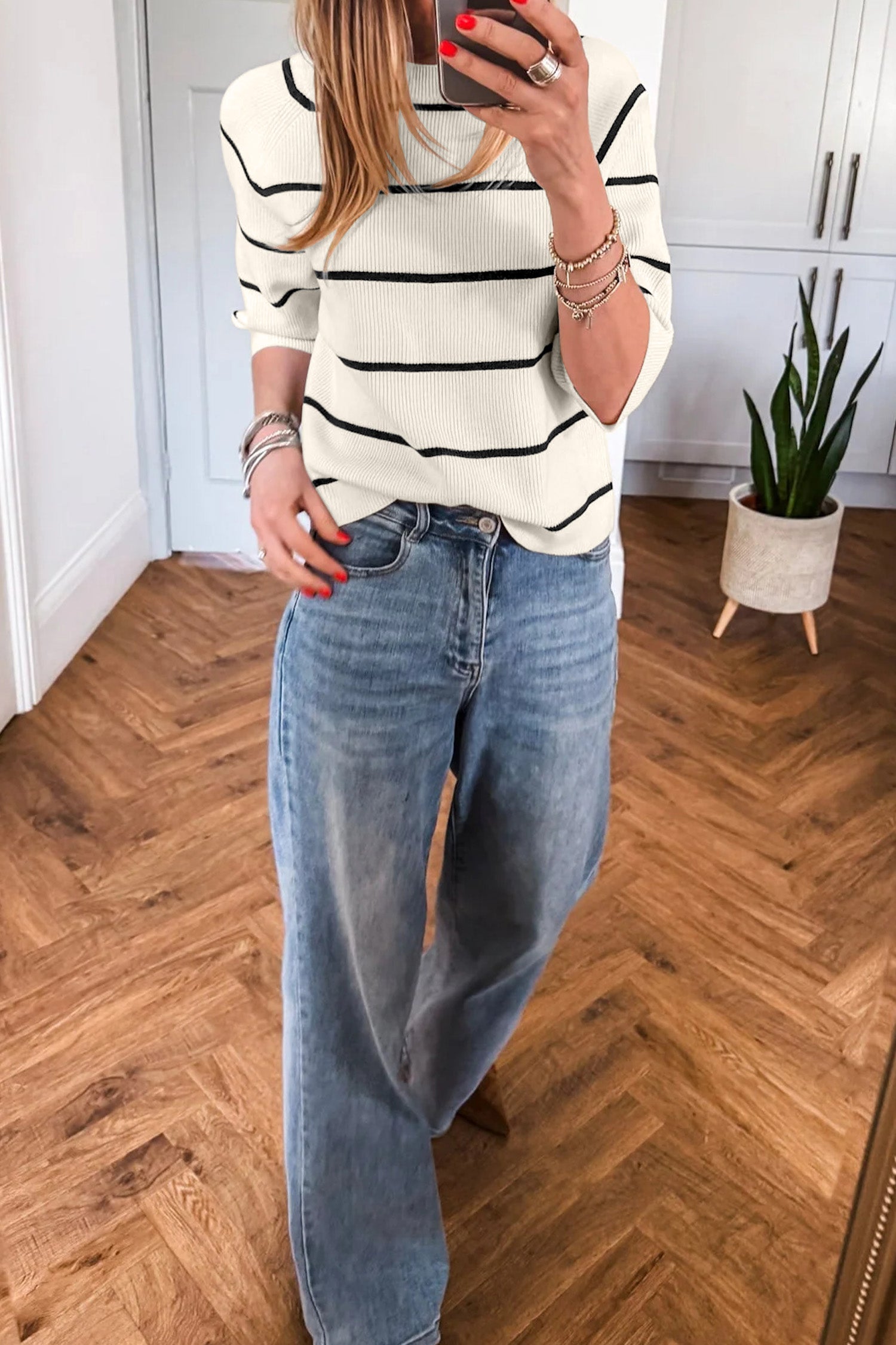 White Stripe Ribbed Knit Half Sleeve Loose Sweater Tee-Sweaters & Cardigans/Short Sleeve Sweaters-[Adult]-[Female]-2022 Online Blue Zone Planet