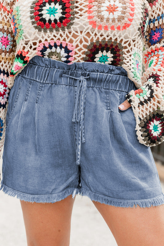 Dusk Blue Raw Hem Lace-up High Waist Plus Size Denim Shorts-Plus Size/Plus Size Bottoms-[Adult]-[Female]-Dusk Blue-1X-2022 Online Blue Zone Planet