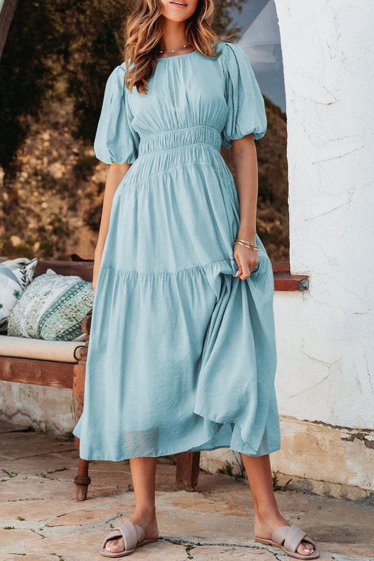 Light Blue Puff Sleeve Pleated High Waist Flowy Long Dress-Dresses/Maxi Dresses-[Adult]-[Female]-Light Blue-S-2022 Online Blue Zone Planet
