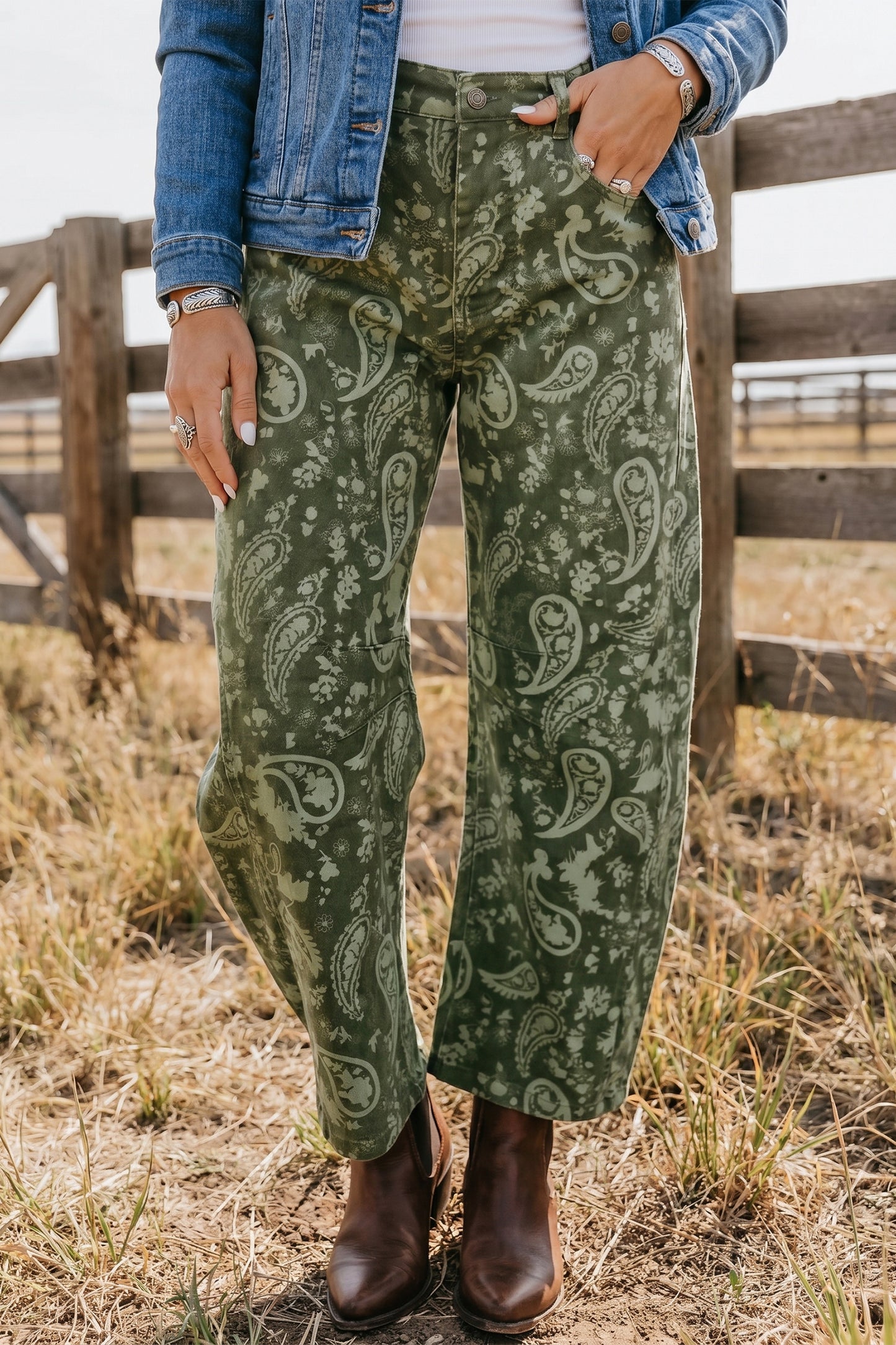 Green Paisley Print Harem Denim Pants-Bottoms/Jeans-[Adult]-[Female]-Green-4-2022 Online Blue Zone Planet