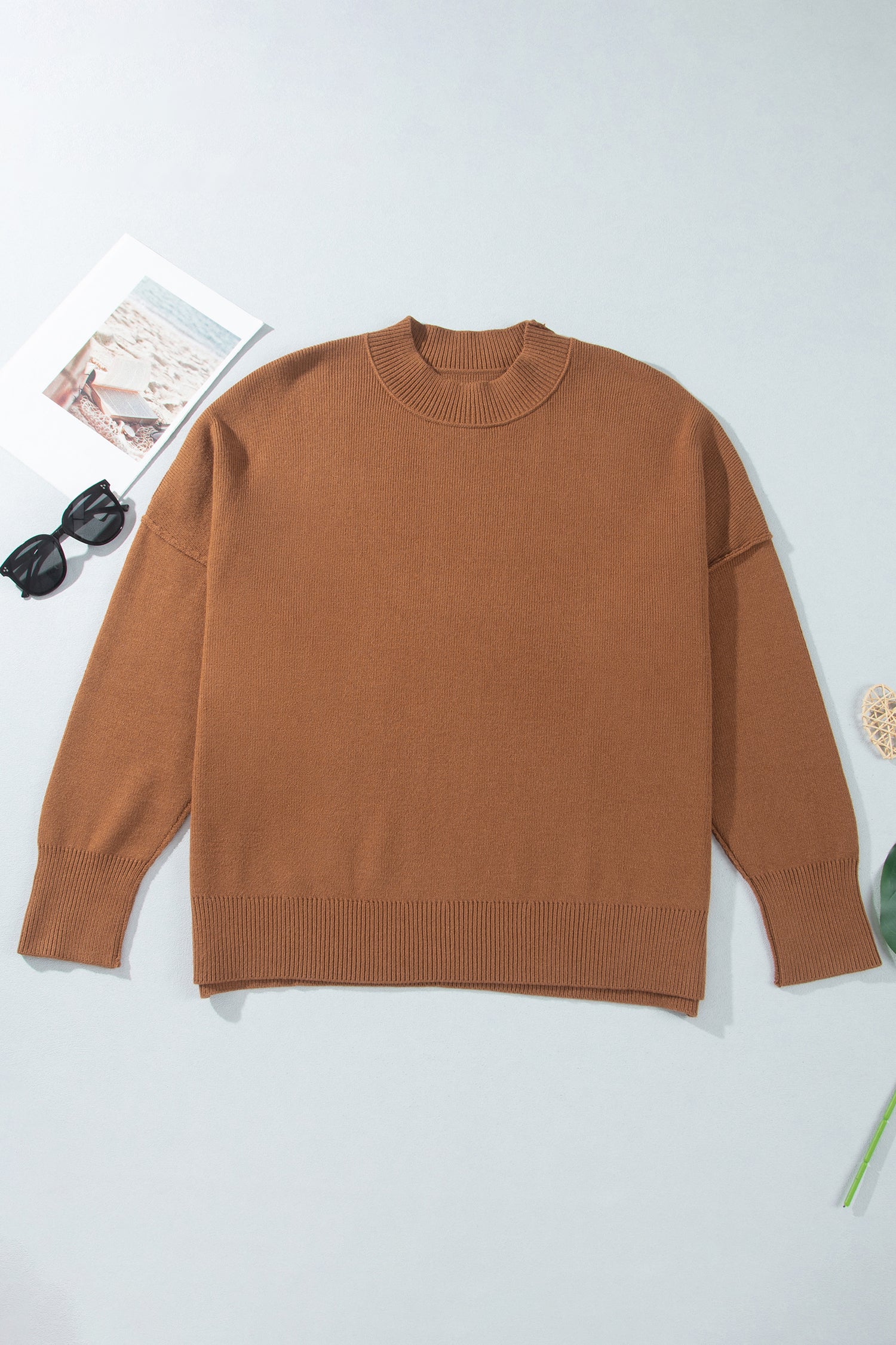 Chestnut Oversized Ribbed Knit Long Sleeve Tunic Plus Size Sweater-TOPS / DRESSES-[Adult]-[Female]-2022 Online Blue Zone Planet