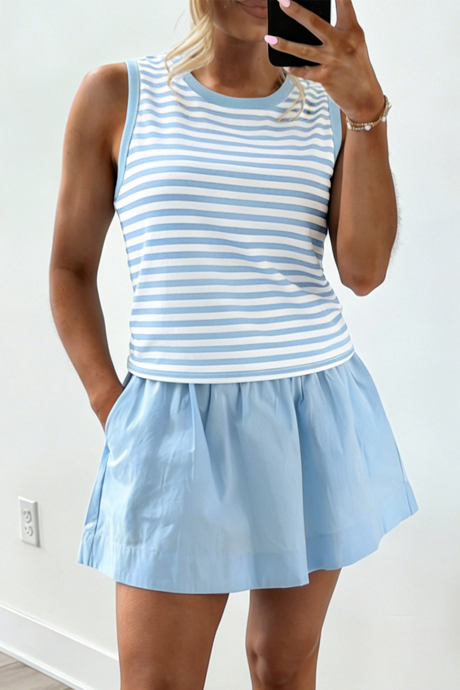 Sky Blue Stripe Slim Tank Contrast Ruffle Mini Skirt Set-Two Piece Sets/Two Piece Dresses-[Adult]-[Female]-2022 Online Blue Zone Planet