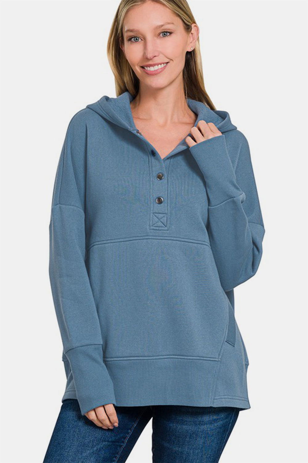 Blue Zone Planet | Zenana Half Snap Long Sleeve Hoodie with Kangaroo Pocket-Tops / Dresses-[Adult]-[Female]-Dusty Blue-S/M-2022 Online Blue Zone Planet