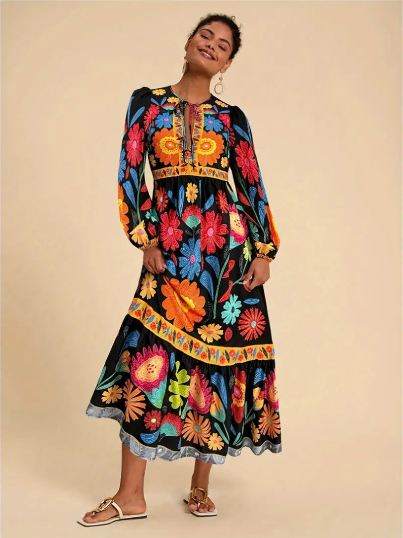 Floral Tie Waist Long Sleeve Maxi Dress - Blue Zone Planet-50% Off-[Adult]-[Female]-Flower Color 2-L-2022 Online Blue Zone Planet