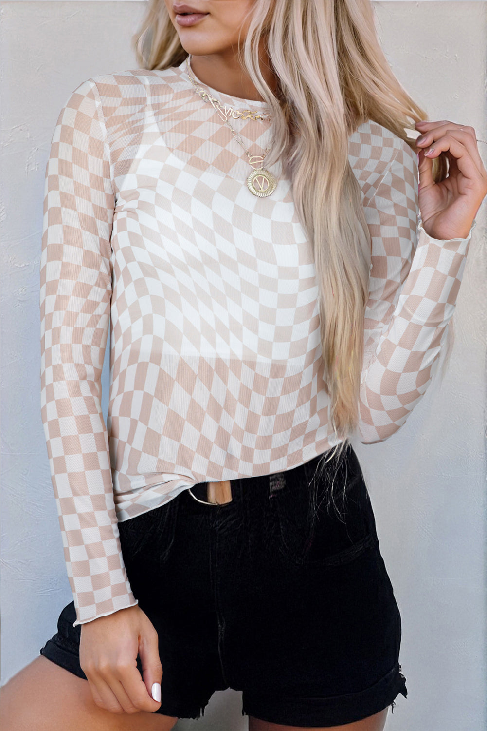 Blue Zone Planet | Rose Checkered Pattern Mesh Mock Neck Long Sleeve Top-Tops/Long Sleeve Tops-[Adult]-[Female]-2022 Online Blue Zone Planet