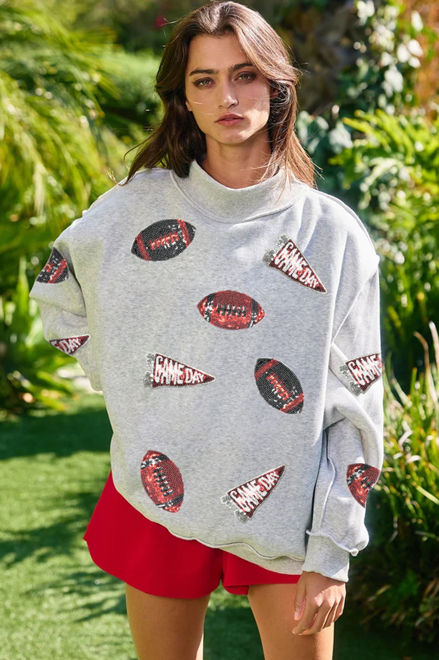 Light Grey Sequin Rugby Game Day High Neck Baggy Sweatshirt-Graphic/Graphic Sweatshirts-[Adult]-[Female]-2022 Online Blue Zone Planet