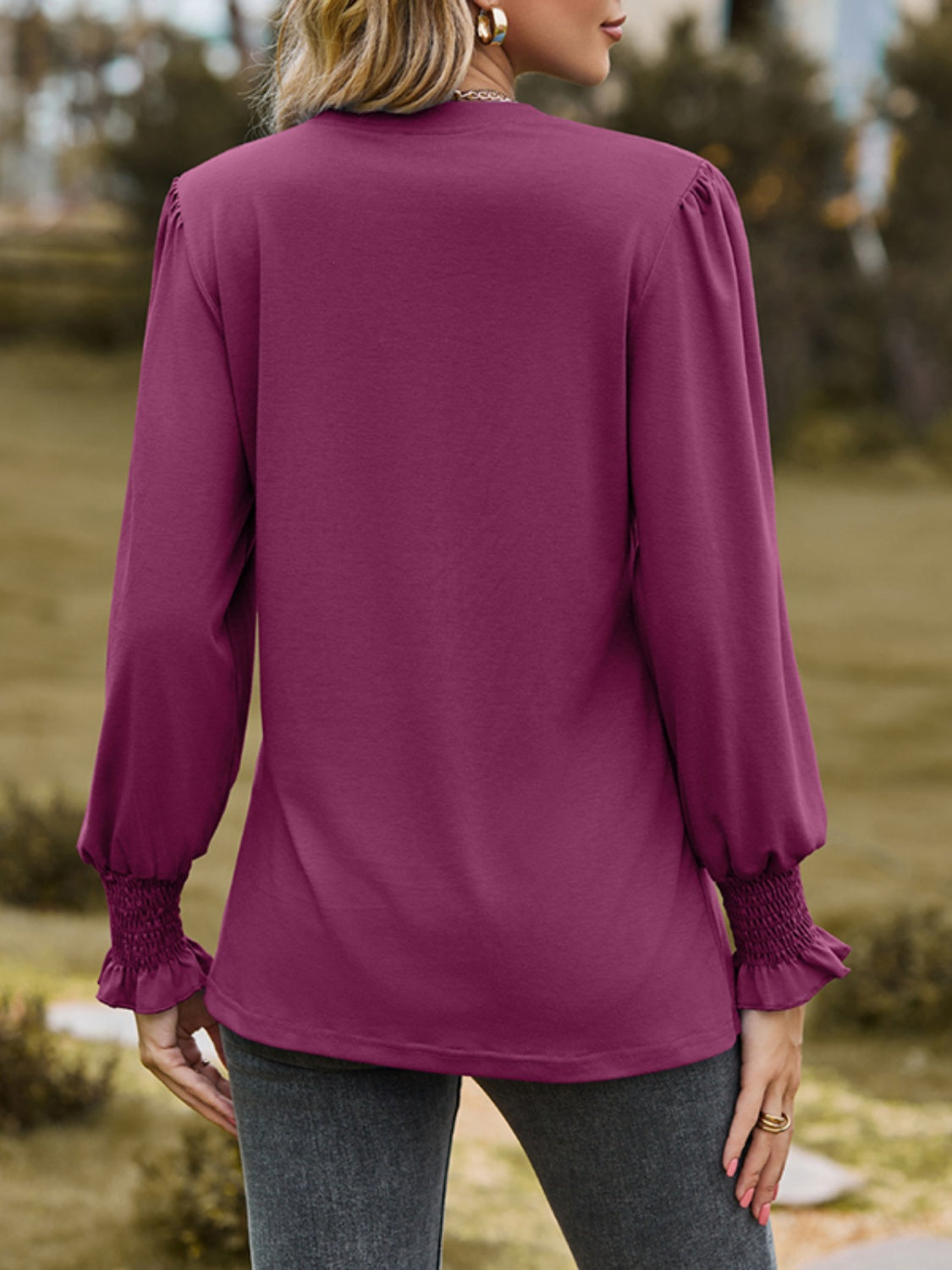 Ruched Notched Long Sleeve T-Shirt-TOPS / DRESSES-[Adult]-[Female]-2022 Online Blue Zone Planet