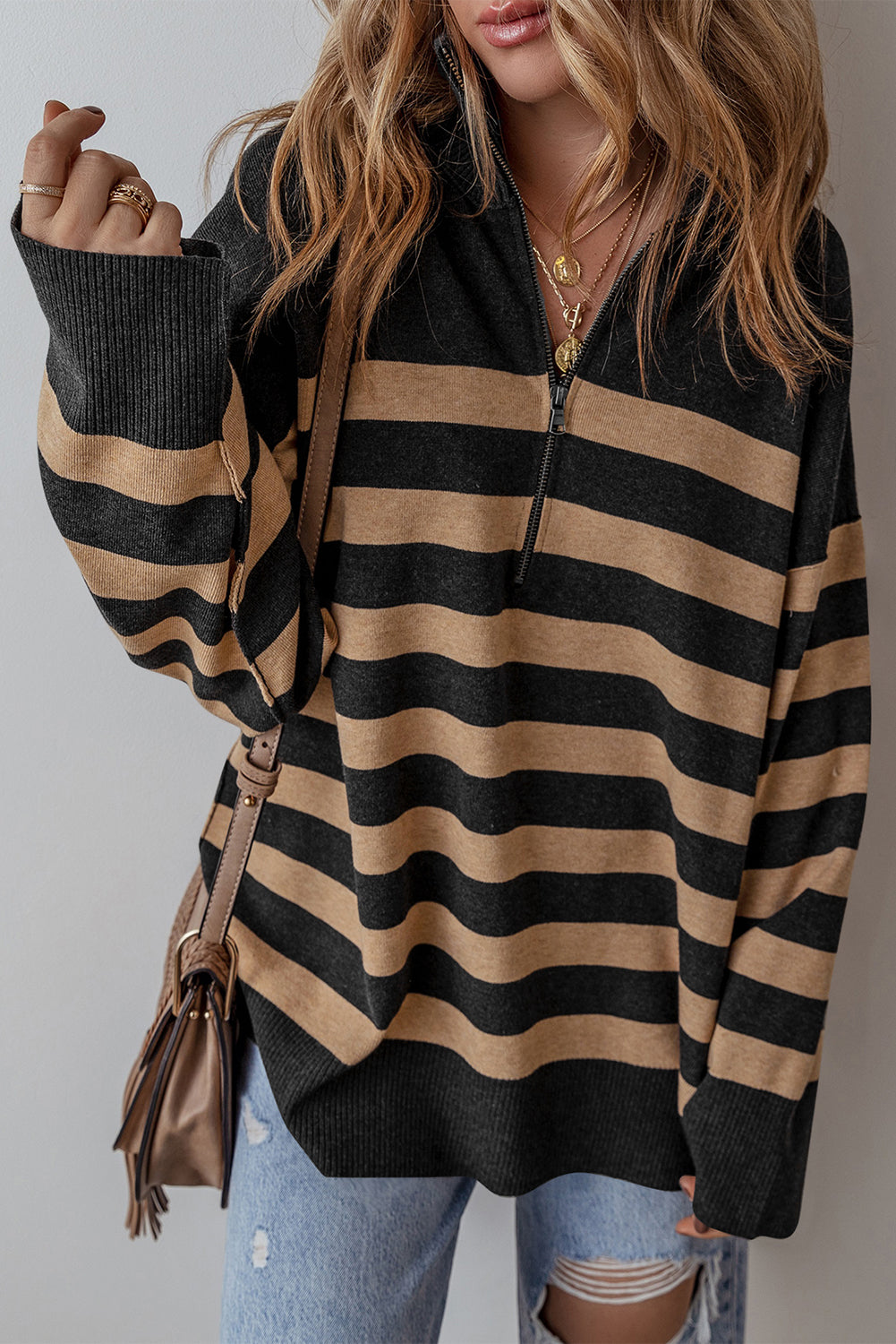 Black Stripe Collared Quarter Zipper Oversized Sweater-Sweaters & Cardigans/Sweaters-[Adult]-[Female]-2022 Online Blue Zone Planet