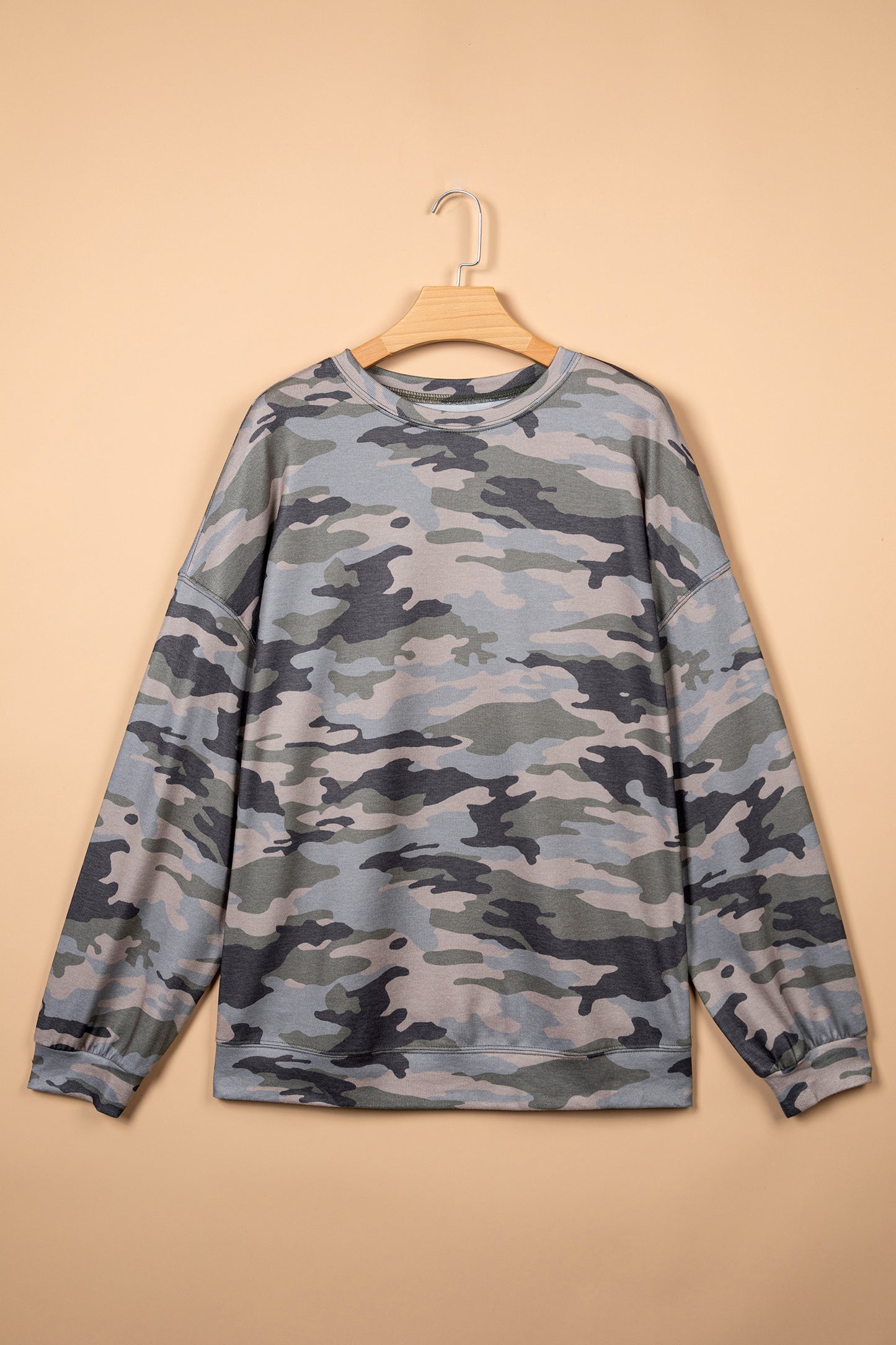 Green Camo Print Long Sleeve Plus Size Blouse-Plus Size/Plus Size Tops/Plus Size Long Sleeve Tops-[Adult]-[Female]-2022 Online Blue Zone Planet