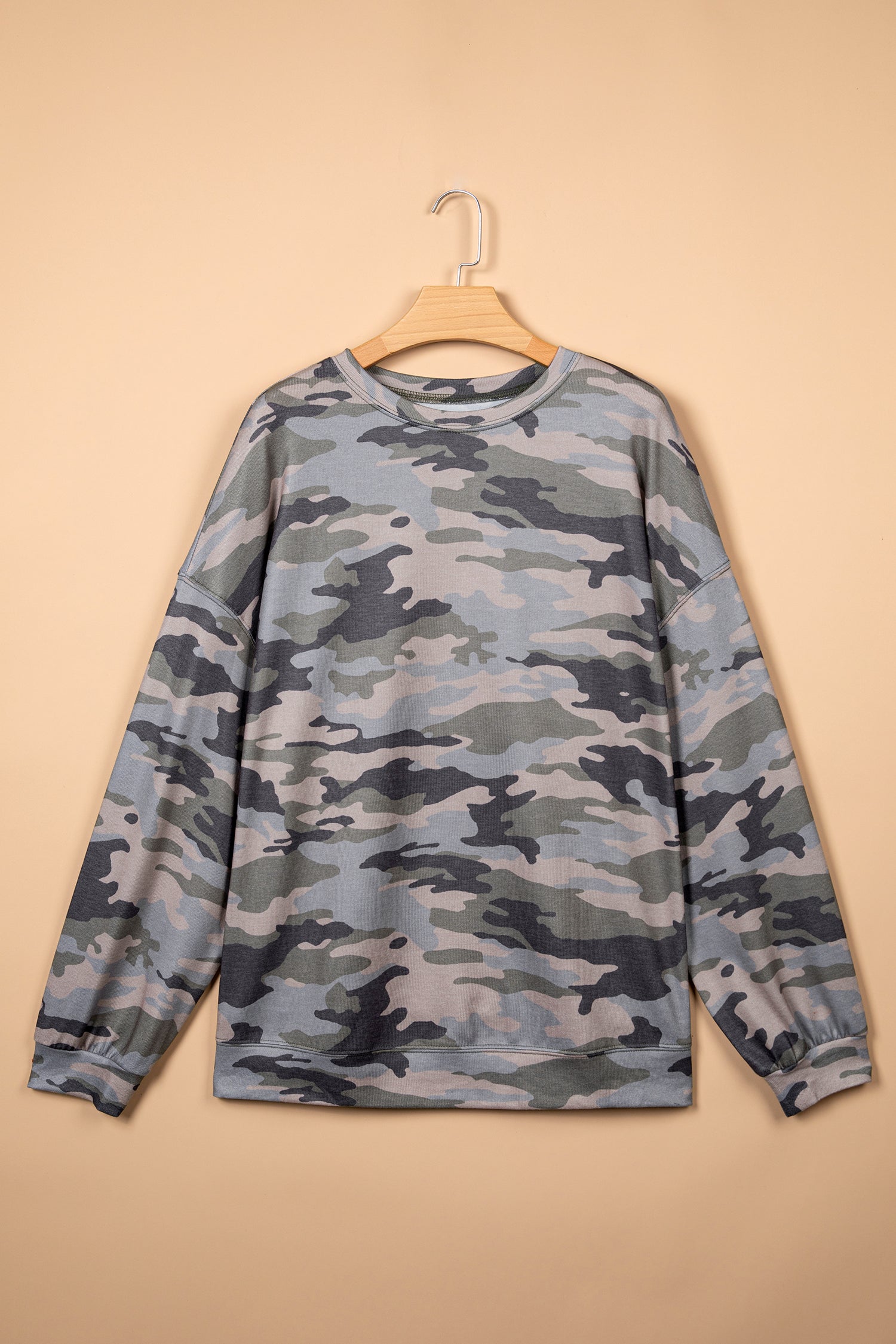 Green Camo Print Long Sleeve Plus Size Blouse-Plus Size/Plus Size Tops/Plus Size Long Sleeve Tops-[Adult]-[Female]-2022 Online Blue Zone Planet