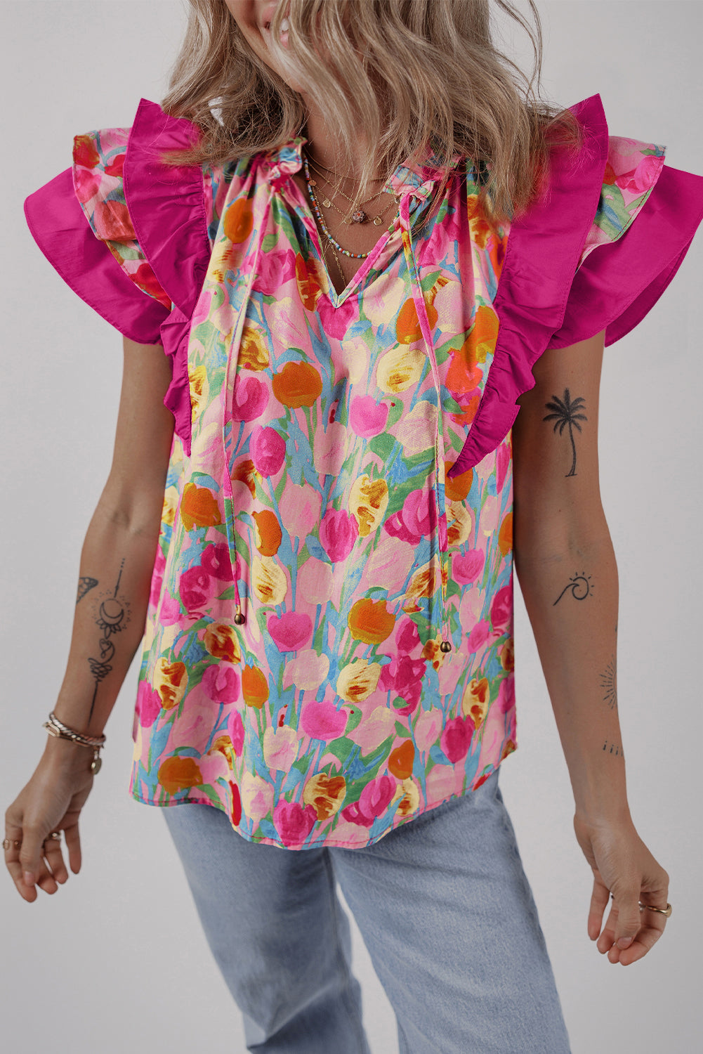 Pink Floral Layered Ruffle Flutter Sleeve Tie V Neck Blouse-Tops/Blouses & Shirts-[Adult]-[Female]-Pink-S-2022 Online Blue Zone Planet