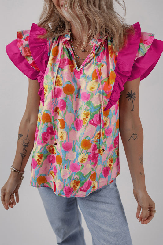 Pink Floral Layered Ruffle Flutter Sleeve Tie V Neck Blouse-Tops/Blouses & Shirts-[Adult]-[Female]-Pink-S-2022 Online Blue Zone Planet