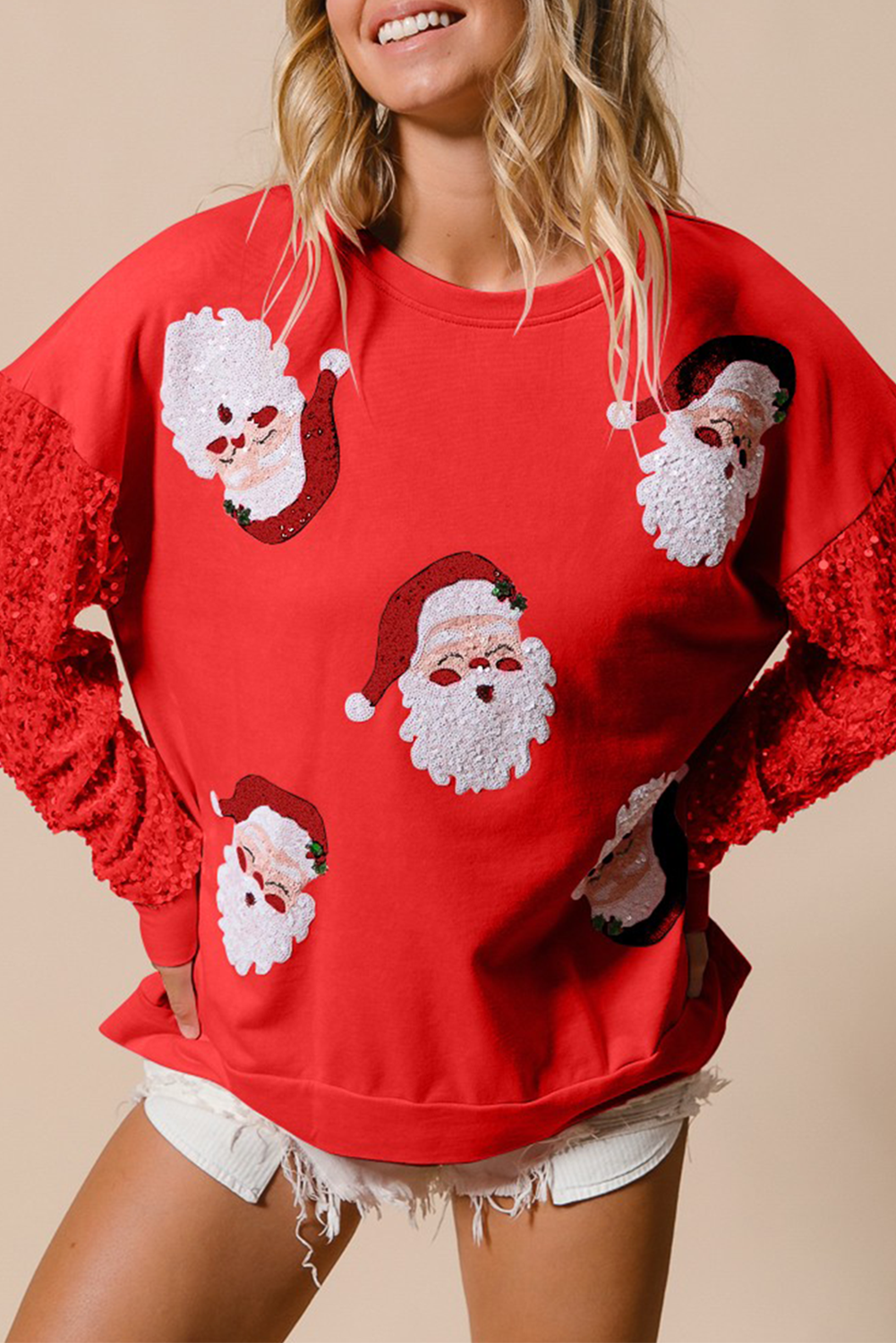 Fiery Red Sequined Santa Claus Long Sleeve Christmas Sweatshirt-Tops/Sweatshirts & Hoodies-[Adult]-[Female]-Fiery Red-S-2022 Online Blue Zone Planet