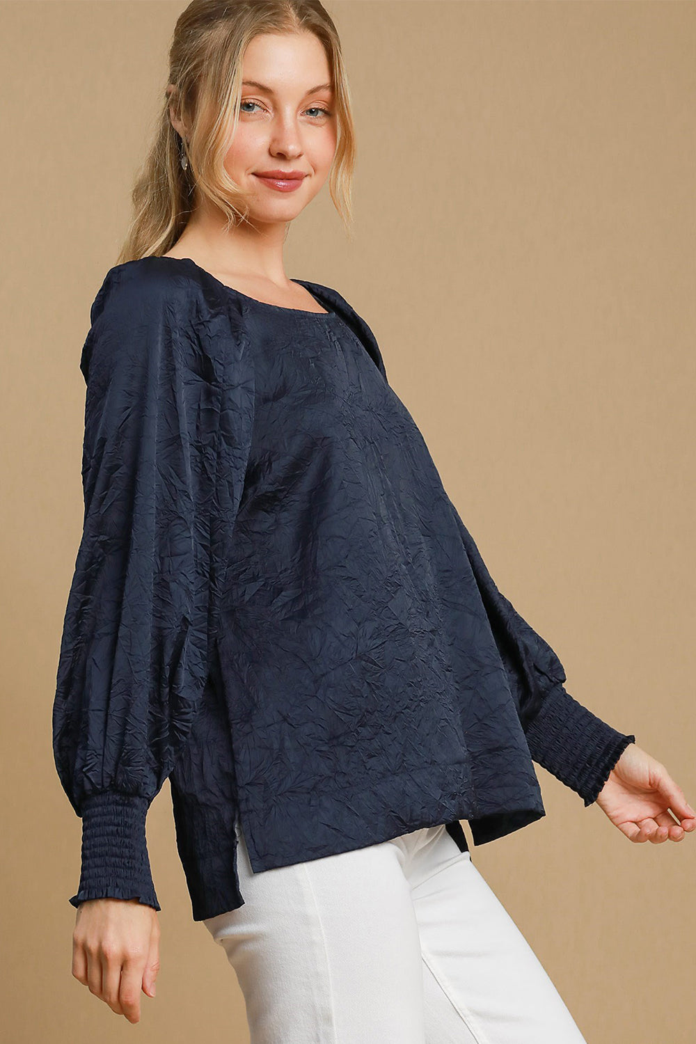 Umgee Wrinkled Round Neck Lantern Sleeve Blouse-TOPS / DRESSES-[Adult]-[Female]-2022 Online Blue Zone Planet