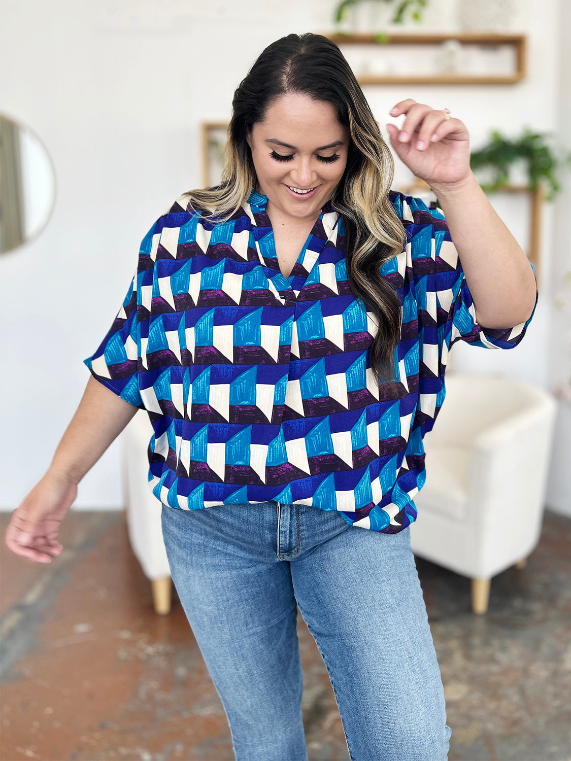 Double Take Full Size Geometric Notched Half Sleeve Blouse-TOPS / DRESSES-[Adult]-[Female]-2022 Online Blue Zone Planet