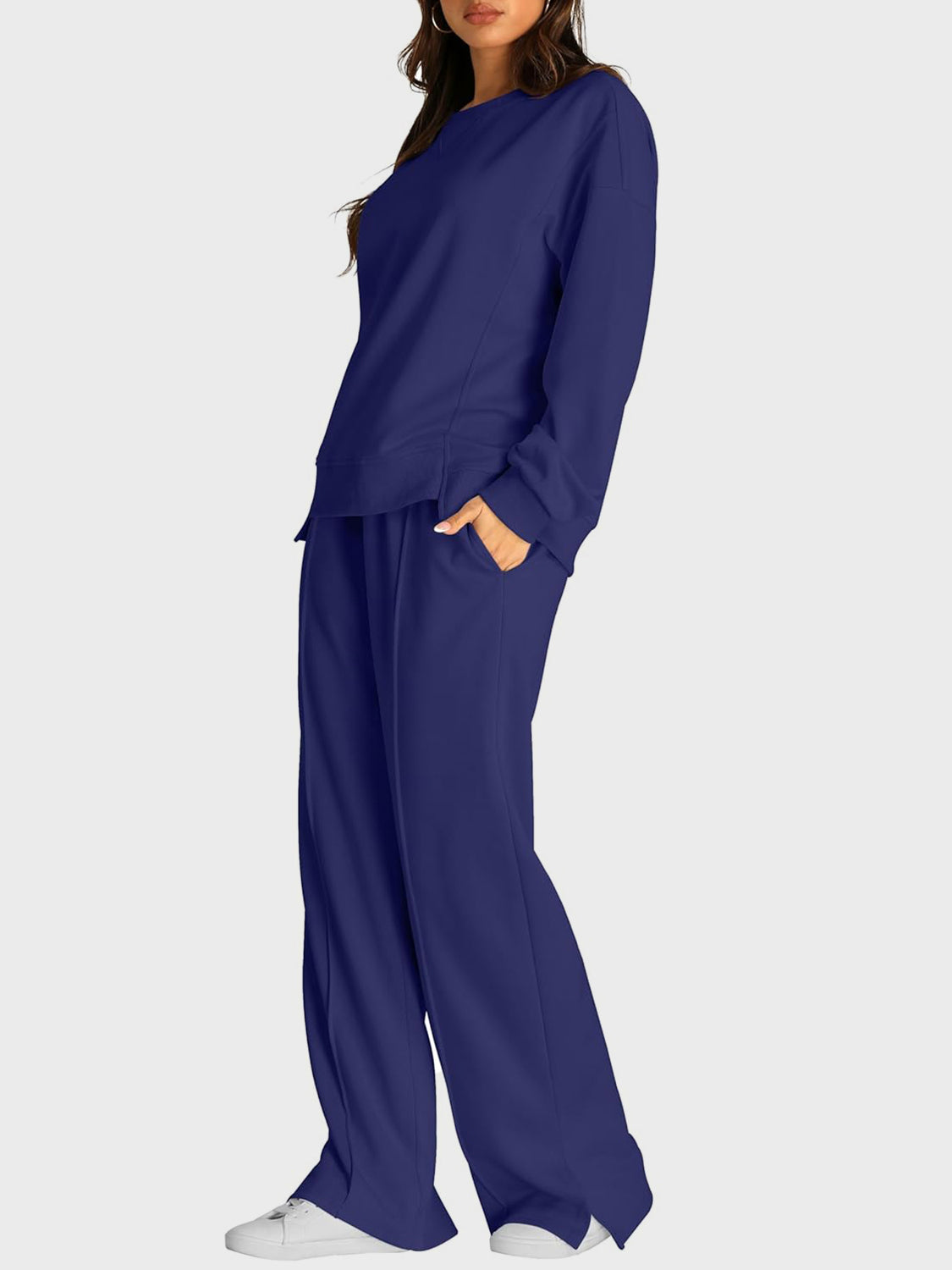 Round Neck Long Sleeve Top and Slit Pants Set-TOPS / DRESSES-[Adult]-[Female]-2022 Online Blue Zone Planet