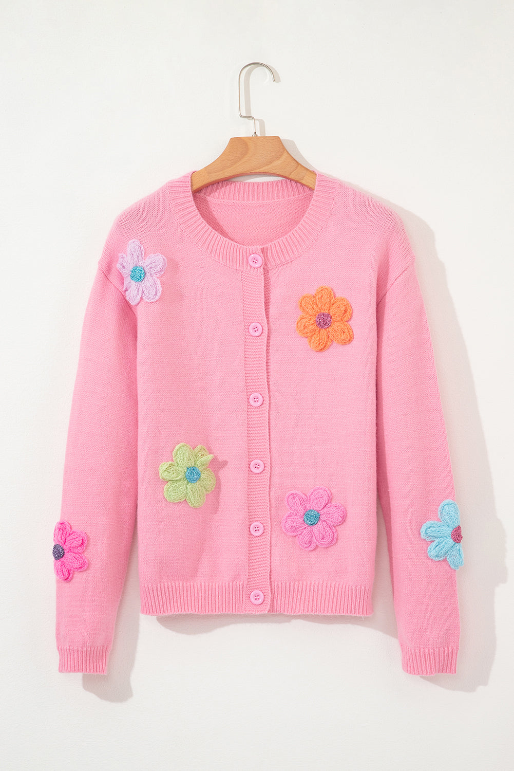 Blue Zone Planet | Pink Cute Knitted Floral Pattern Button Up Cardigan-TOPS / DRESSES-[Adult]-[Female]-2022 Online Blue Zone Planet