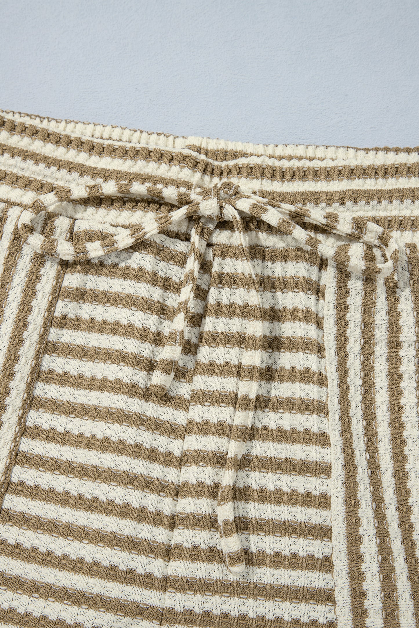 Brown Stripe Textured Knit Long Sleeve Top Elastic Waist Shorts Casual Outfit-Two Piece Sets/Short Sets-[Adult]-[Female]-2022 Online Blue Zone Planet