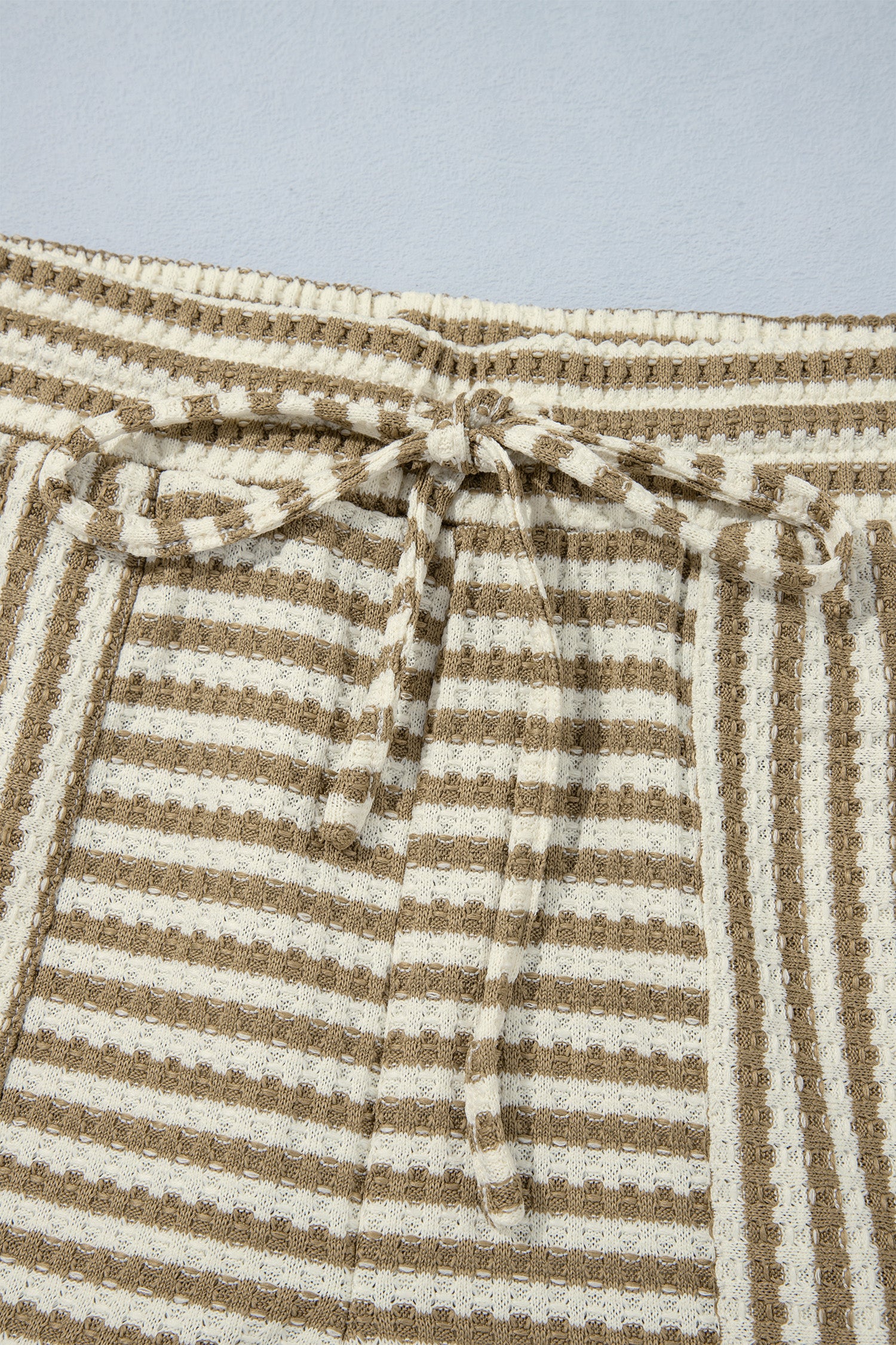 Brown Stripe Textured Knit Long Sleeve Top Elastic Waist Shorts Casual Outfit-Two Piece Sets/Short Sets-[Adult]-[Female]-2022 Online Blue Zone Planet