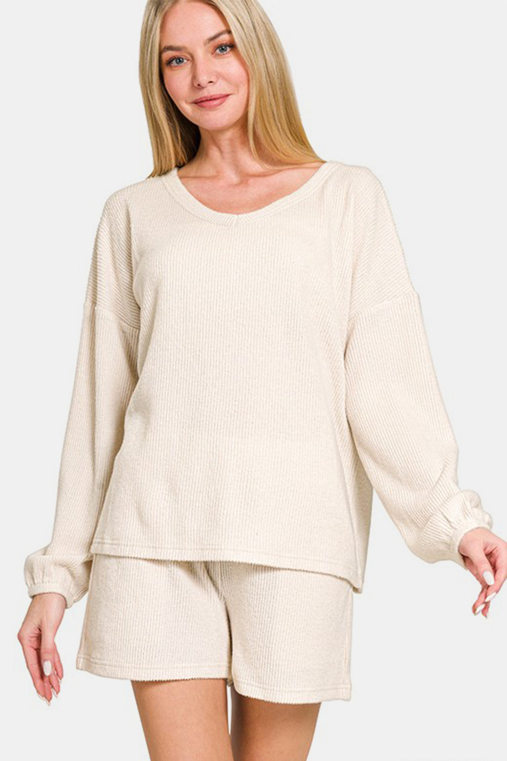 Blue Zone Planet | Zenana V-Neck Long Sleeve Ribbed Top and Shorts Set-TOPS / DRESSES-[Adult]-[Female]-Beige-S-2022 Online Blue Zone Planet