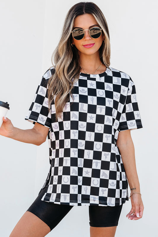 Black Western Fashion Checkerboard Print Side Split T Shirt-Tops/Tops & Tees-[Adult]-[Female]-Black-S-2022 Online Blue Zone Planet
