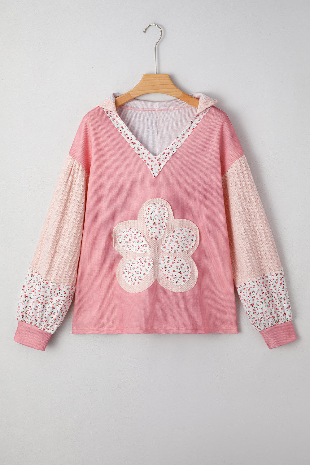 Pink Floral Patched Waffle Textured Colorblock V Neck Casual Hooded Top-Tops / Dresses-[Adult]-[Female]-2022 Online Blue Zone Planet