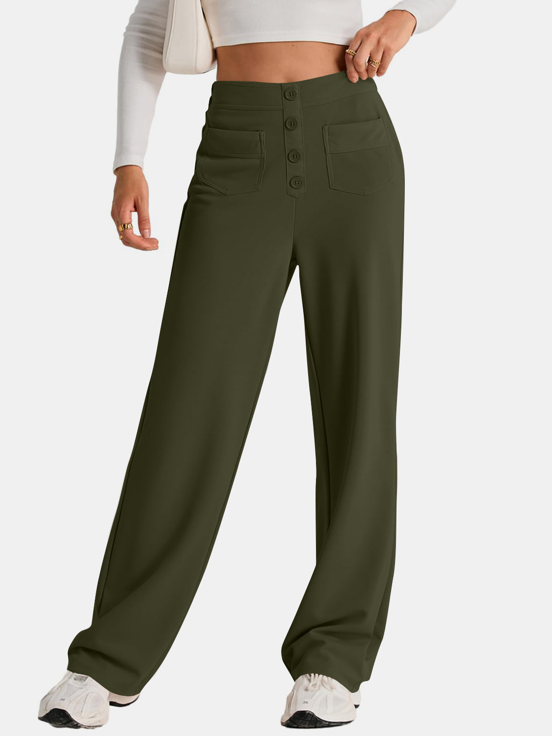 Blue Zone Planet | High Waist Wide Leg Pants-TOPS / DRESSES-[Adult]-[Female]-Army Green-S-2022 Online Blue Zone Planet