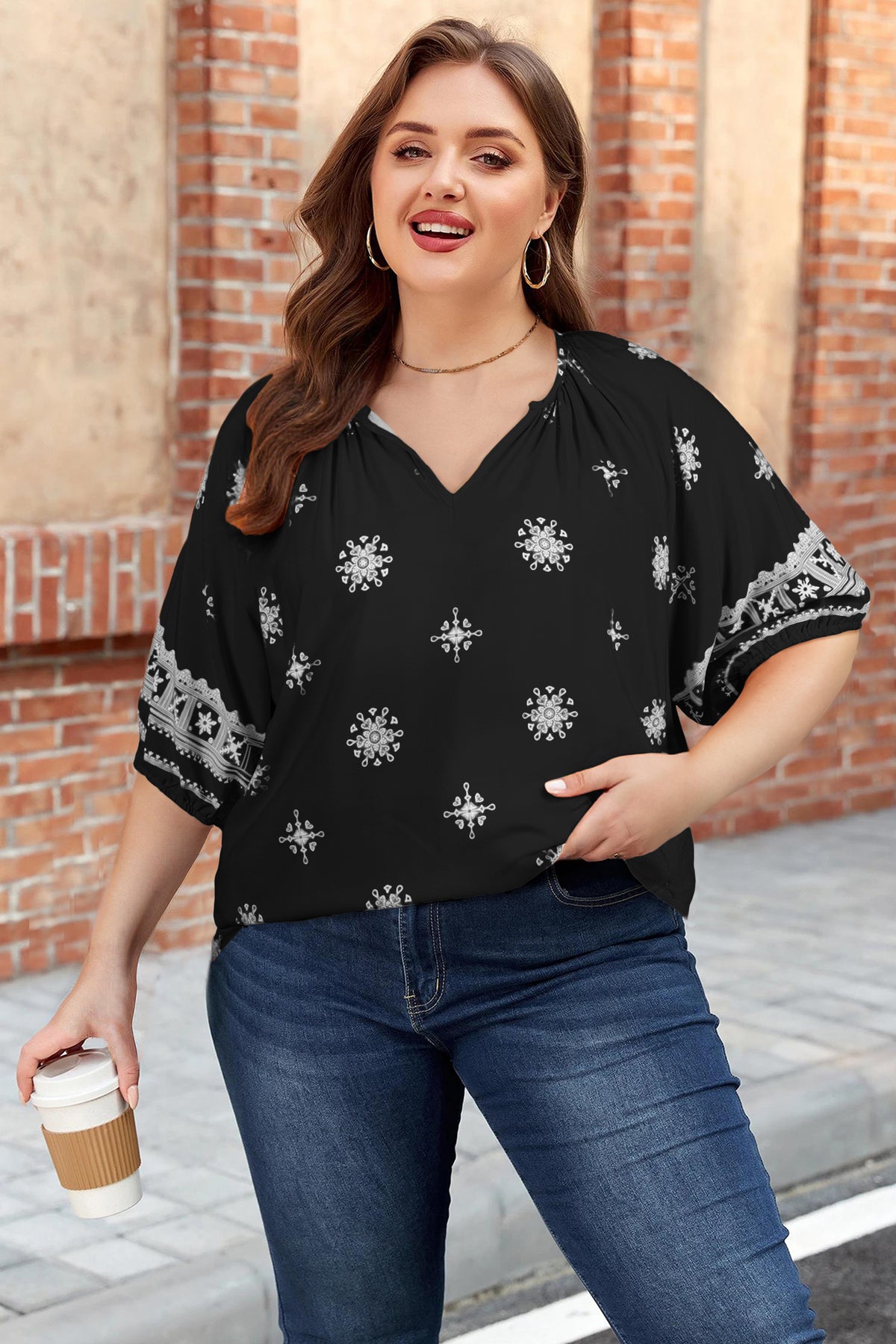 Yellow Boho Chic Notched V Neck Plus Floral Short Sleeve Top-Plus Size/Plus Size Tops/Plus Size Blouses & Shirts-[Adult]-[Female]-Black-L-2022 Online Blue Zone Planet