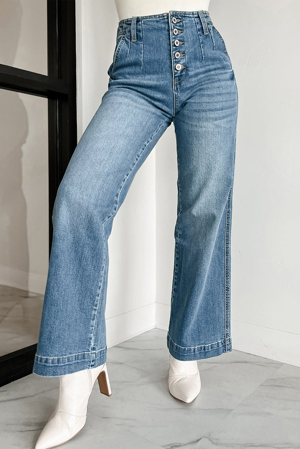 Dusk Blue Multi Buttons Medium Wash Straight Loose Leg Jeans-Bottoms/Jeans-[Adult]-[Female]-2022 Online Blue Zone Planet