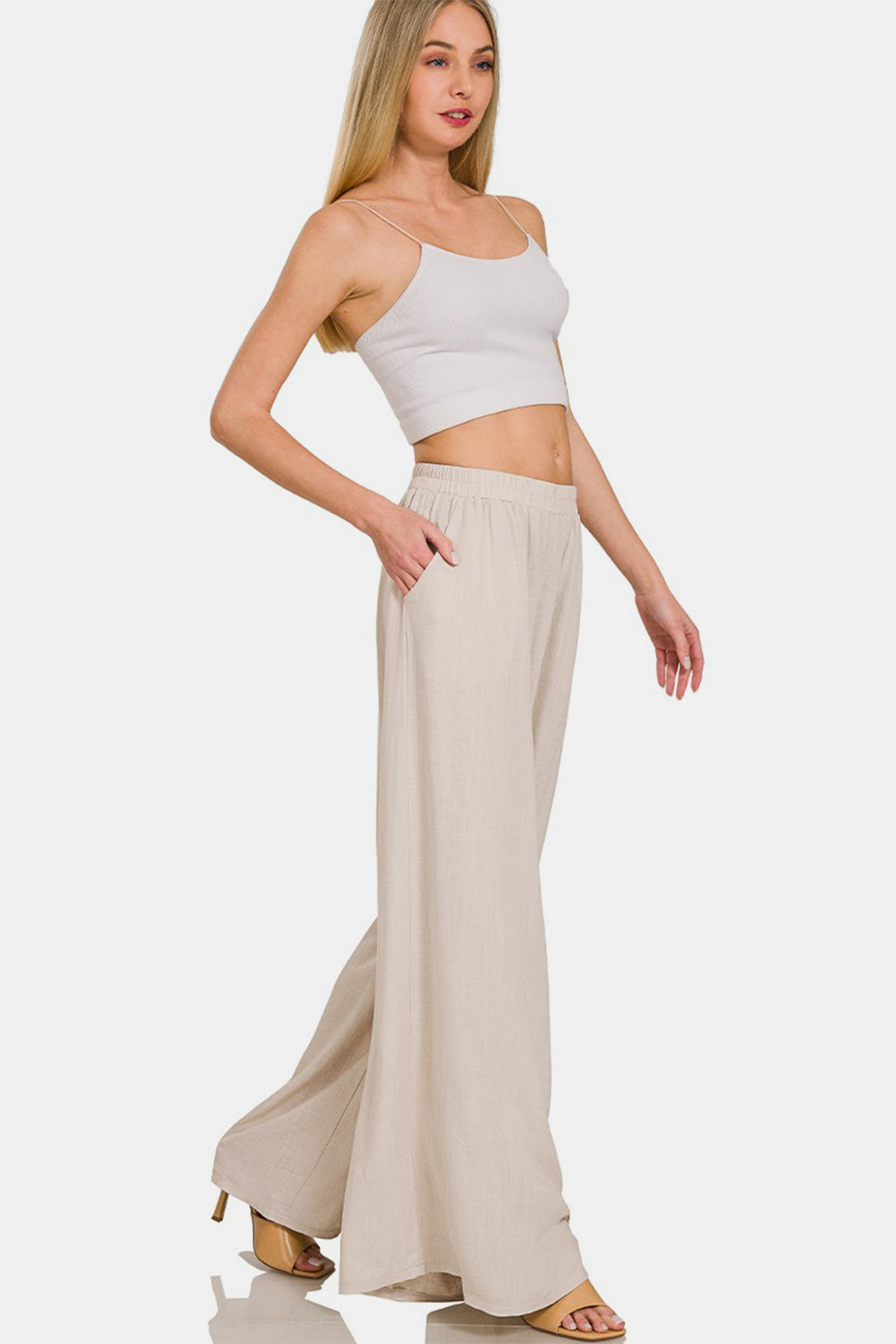 Zenana Pleated Linen Blend Wide Leg Pants-BOTTOMS SIZES SMALL MEDIUM LARGE-[Adult]-[Female]-2022 Online Blue Zone Planet