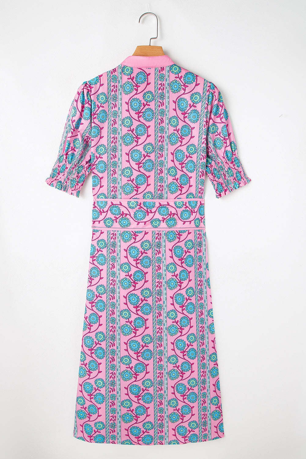 Pink Boho Floral Shirred Short Sleeve Belted Dress-Midi Dresses-[Adult]-[Female]-2022 Online Blue Zone Planet