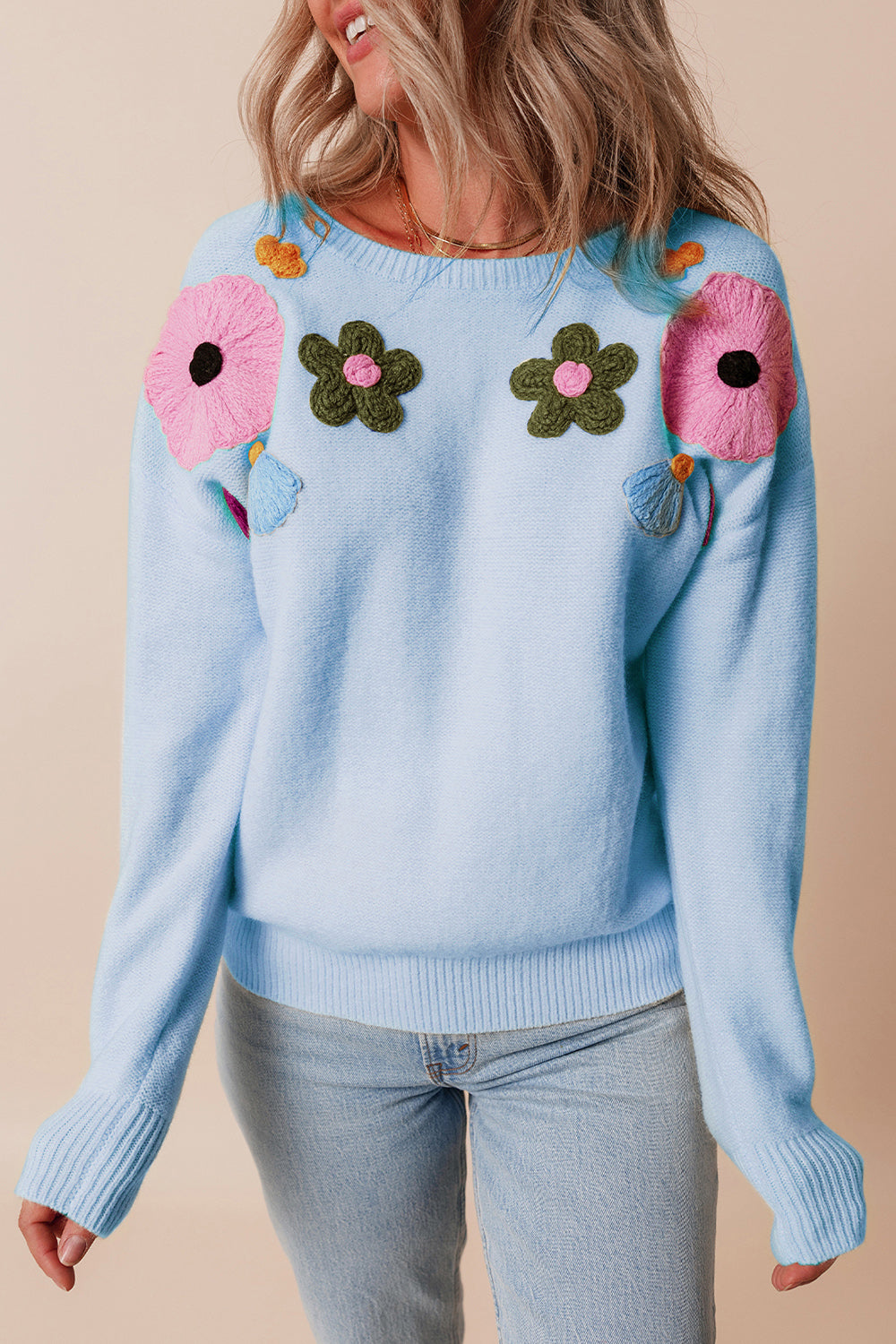 Crochet Flower Round Neck Dropped Shoulder Sweater-TOPS / DRESSES-[Adult]-[Female]-2022 Online Blue Zone Planet