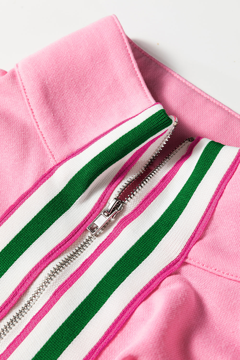 Sachet Pink Contrast Striped Patchwork Zip Collar Pullover Sweatshirt-Tops/Sweatshirts & Hoodies-[Adult]-[Female]-2022 Online Blue Zone Planet