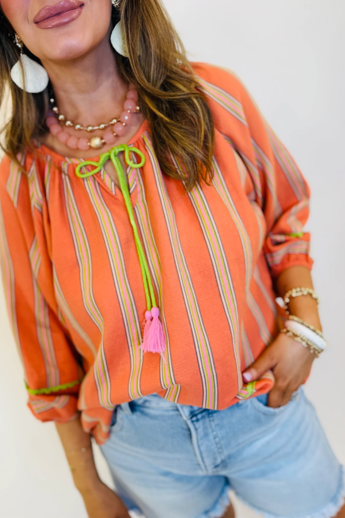 Orange Stripe Tassel Tie Neck Bracelet Sleeve Cotton Blouse-Tops/Blouses & Shirts-[Adult]-[Female]-2022 Online Blue Zone Planet