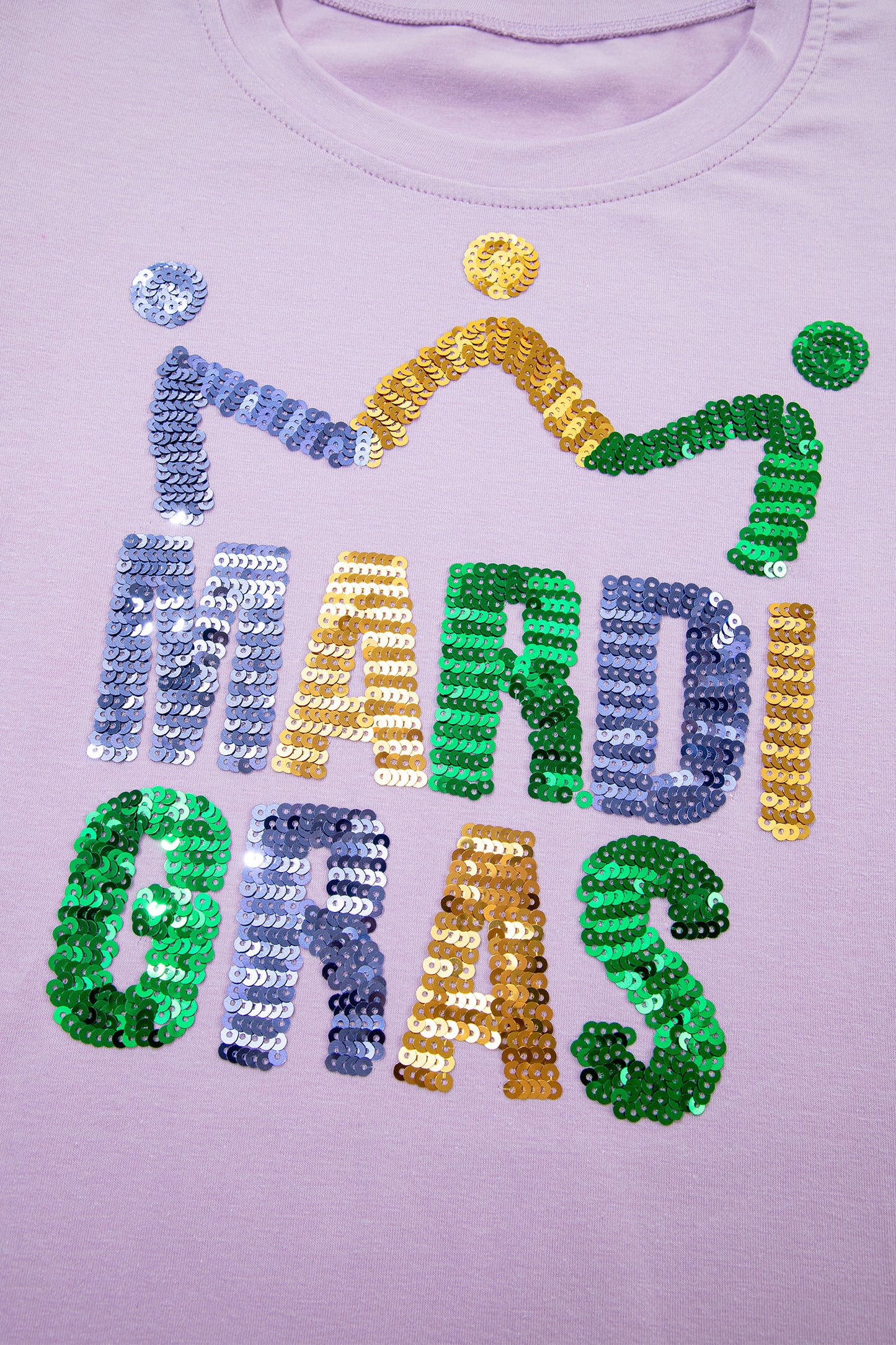 Orchid Petal Sequined Mardi Gras Graphic Patchwork T Shirt-Tops/Tops & Tees-[Adult]-[Female]-2022 Online Blue Zone Planet