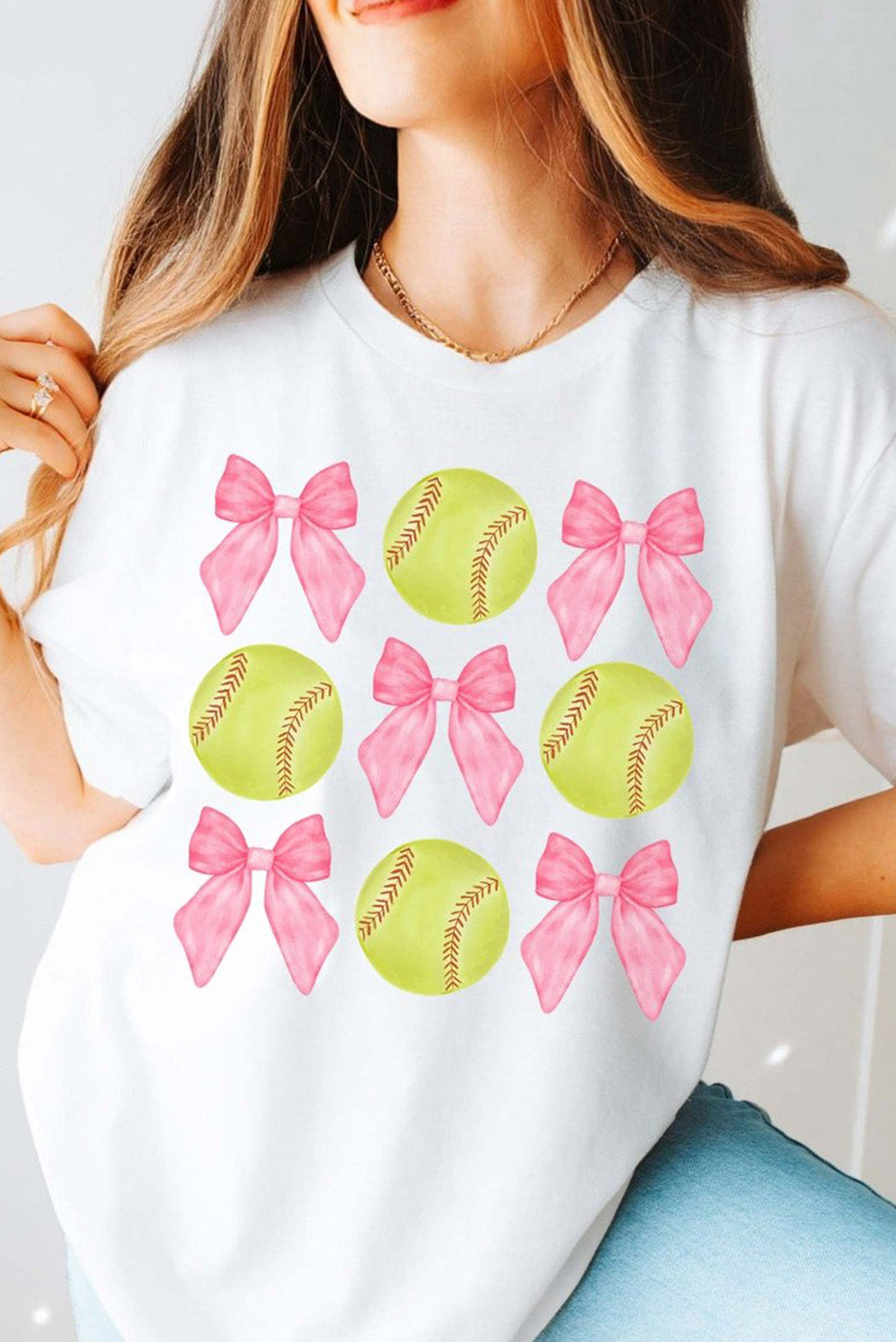 White Bow Tie Baseball Print Round Neck Casual Tee-Graphic/Graphic Tees-[Adult]-[Female]-White-S-2022 Online Blue Zone Planet