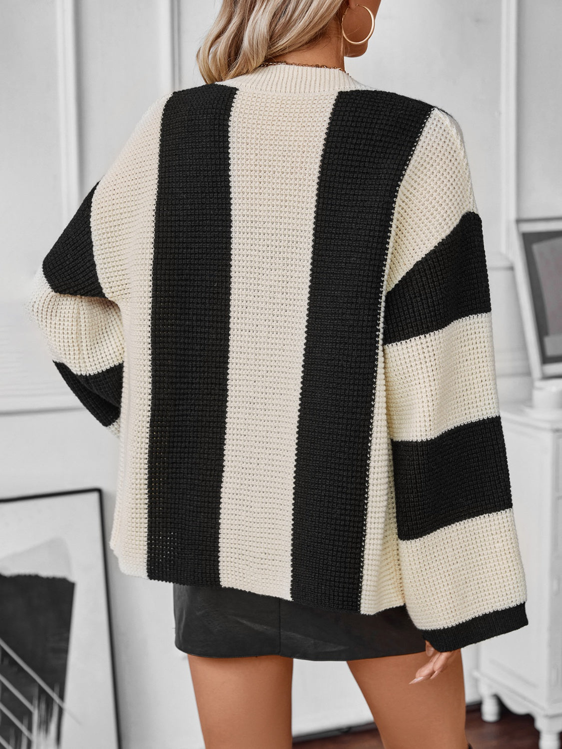 Waffle-Knit V-Neck Striped Long Sleeve Cardigan-TOPS / DRESSES-[Adult]-[Female]-2022 Online Blue Zone Planet