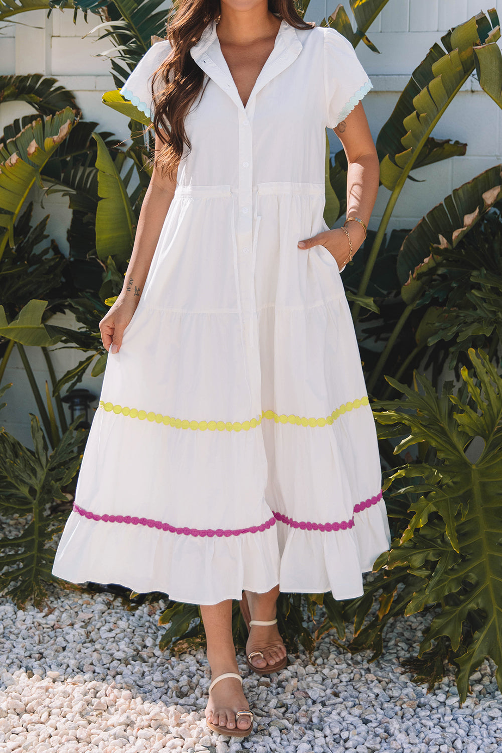 Blue Zone Planet | White Colorblock Rickrack Trim Short Sleeve Drawstring Waist Long Dress-TOPS / DRESSES-[Adult]-[Female]-2022 Online Blue Zone Planet